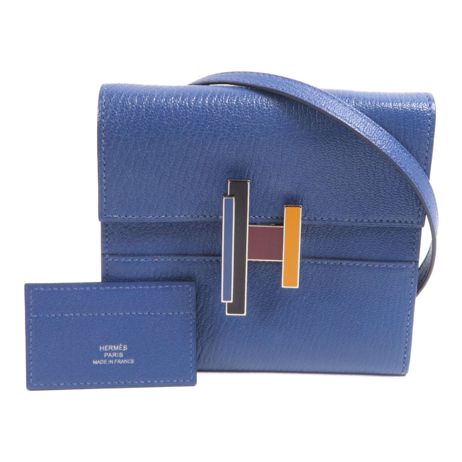 HERMES Chevre皮革Cinhetic To Go Wallet銀扣肩背袋7E Bleu Brighton