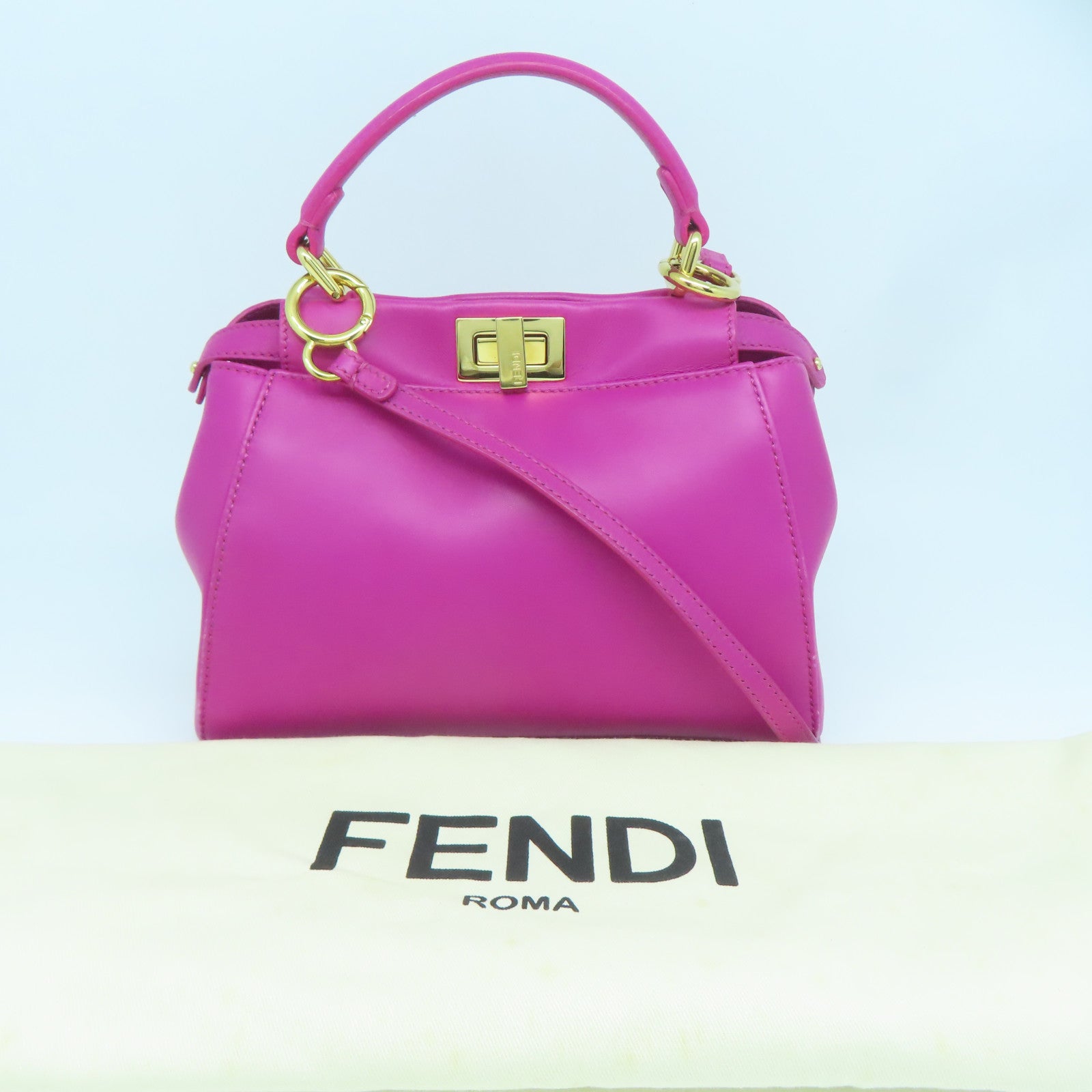 FENDI 【激減優惠】羊皮皮革Peekaboo金扣手挽肩背兩用袋桃紅色