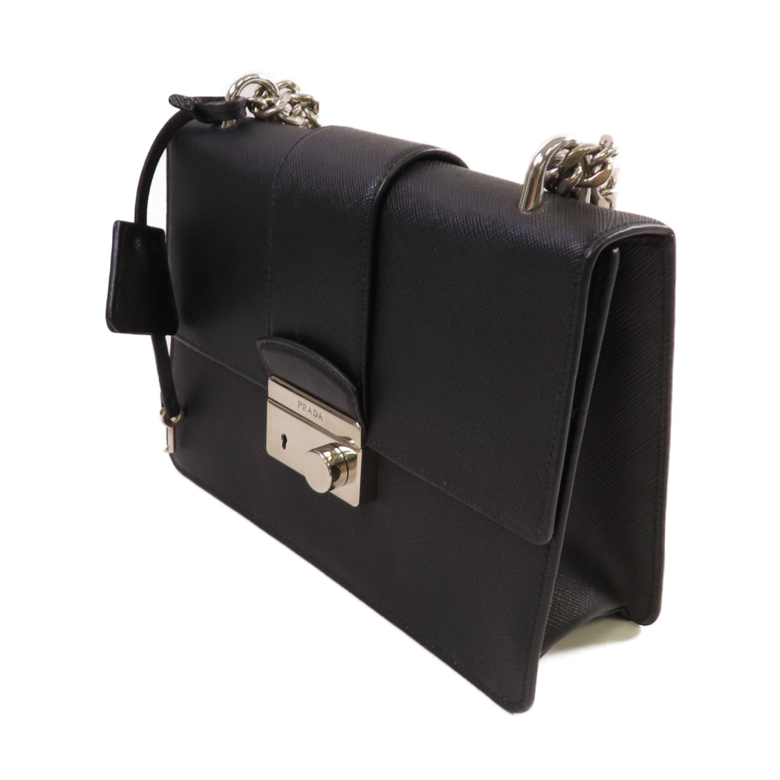 PRADA Saffiano皮革Chain Shoulder Bag銀扣鏈帶肩背袋黑色