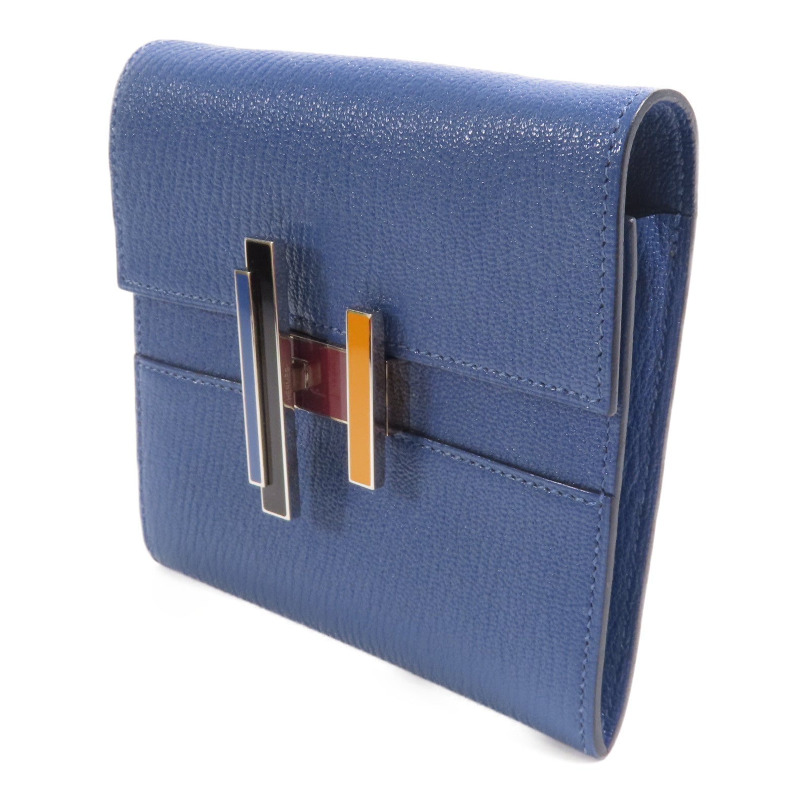 HERMES Chevre皮革Cinhetic To Go Wallet銀扣肩背袋7E Bleu Brighton