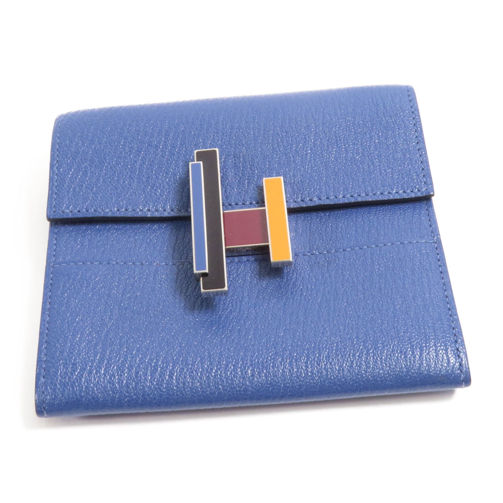 HERMES Chevre皮革Cinhetic To Go Wallet銀扣肩背袋7E Bleu Brighton