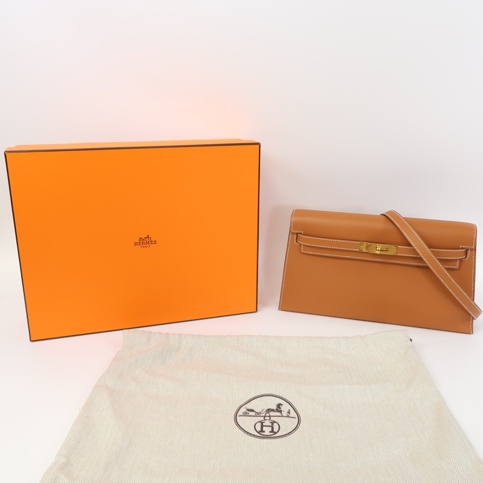 HERMES 【激減優惠】Madame皮革Kelly Elan金扣肩背袋金棕色