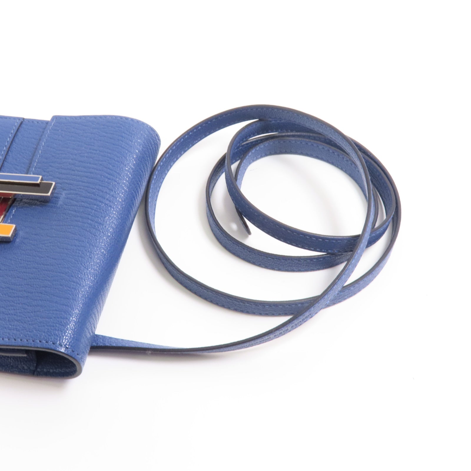 HERMES Chevre皮革Cinhetic To Go Wallet銀扣肩背袋7E Bleu Brighton