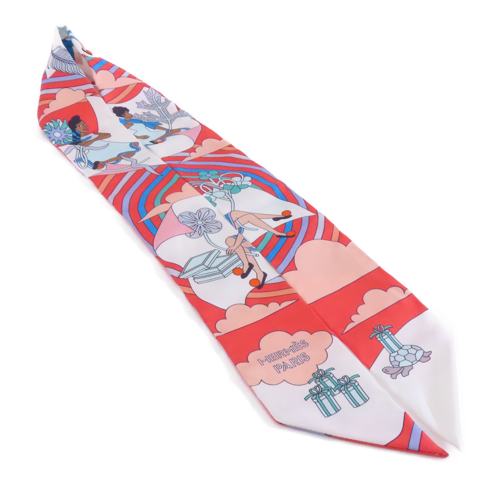 HERMES 絲質Twilly絲巾紅色/粉紅色/彩色