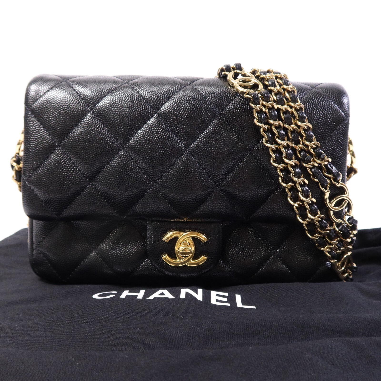 CHANEL 牛皮皮革Mini Flap Bag金扣鏈帶肩背袋
