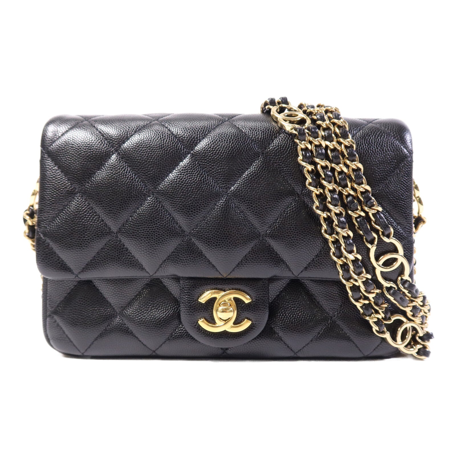 CHANEL 牛皮皮革Mini Flap Bag金扣鏈帶肩背袋
