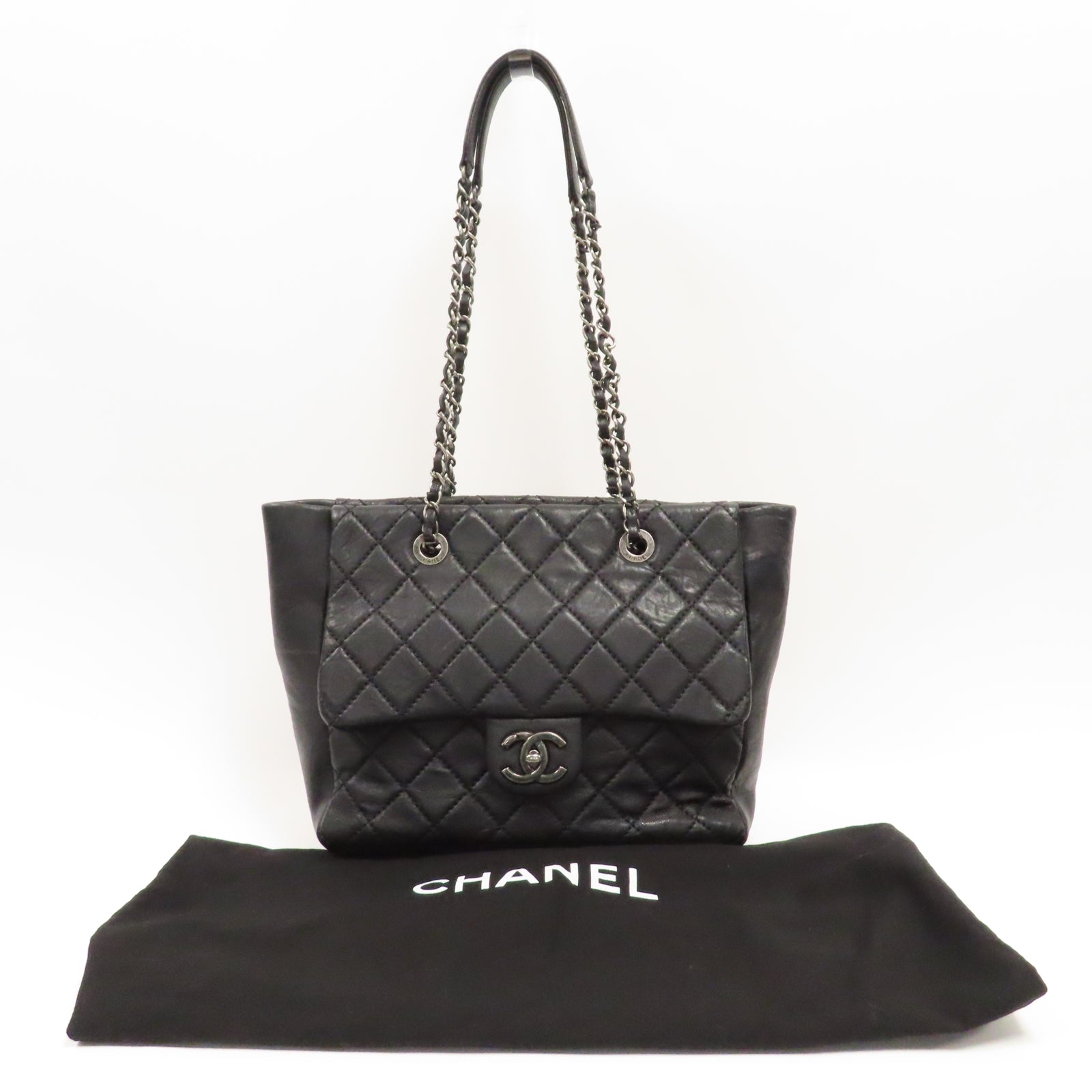 CHANEL 【激減優惠】菱格牛皮皮革Chain Shoulder銀扣鏈帶肩背袋黑色