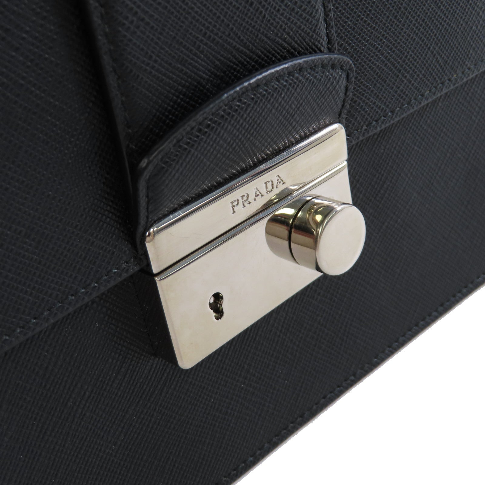 PRADA Saffiano皮革Chain Shoulder Bag銀扣鏈帶肩背袋黑色