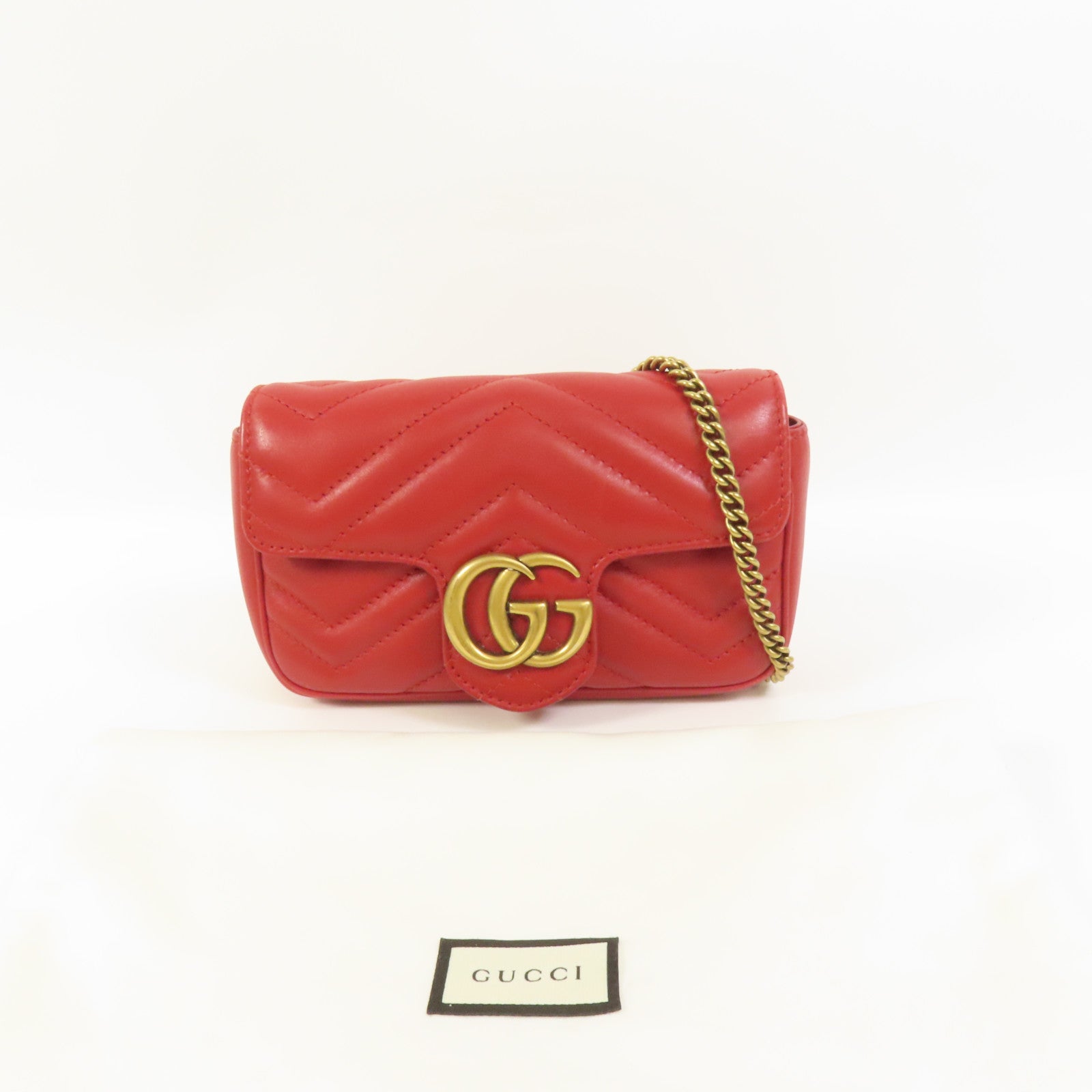 GUCCI 牛皮皮革GG Marmont Super Mini金扣鏈帶肩背袋
