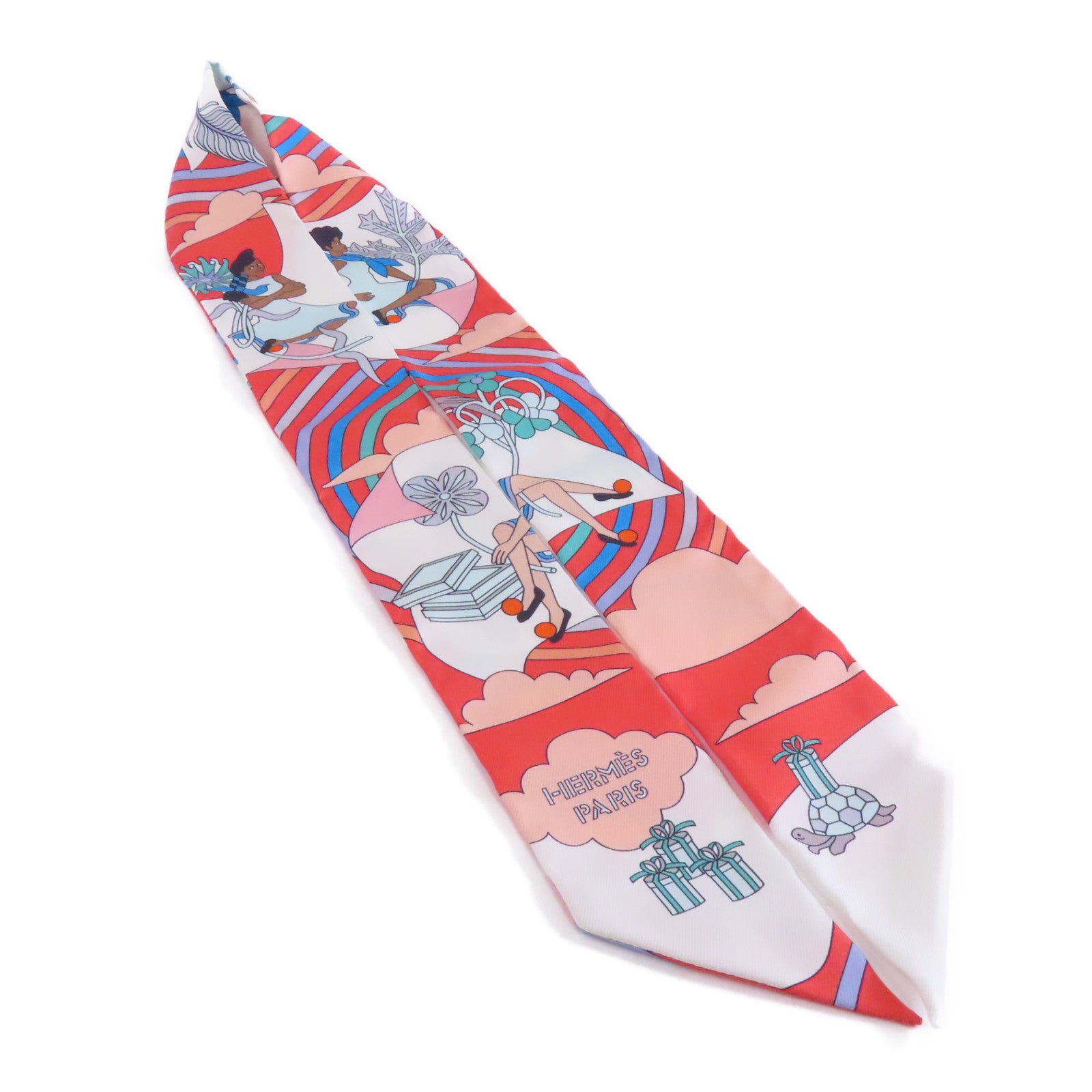 HERMES 絲質Twilly絲巾紅色/粉紅色/彩色