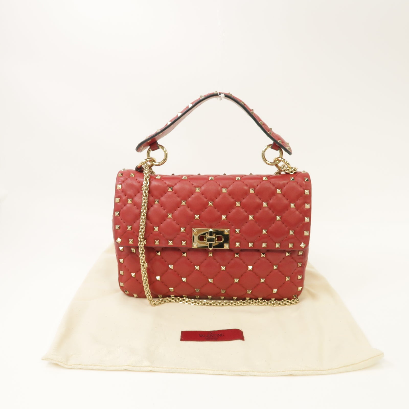 Valentino 菱格羊皮皮革Rockstud Spike 2 Way Chain Shoulder Bag金扣手挽肩背兩用袋紅色