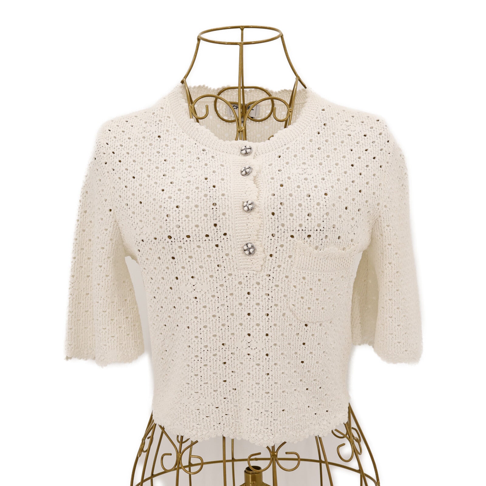 CHANEL Cotton/Polyamide 24P Crochet Cutout Lace Knit Short Sleeve針織