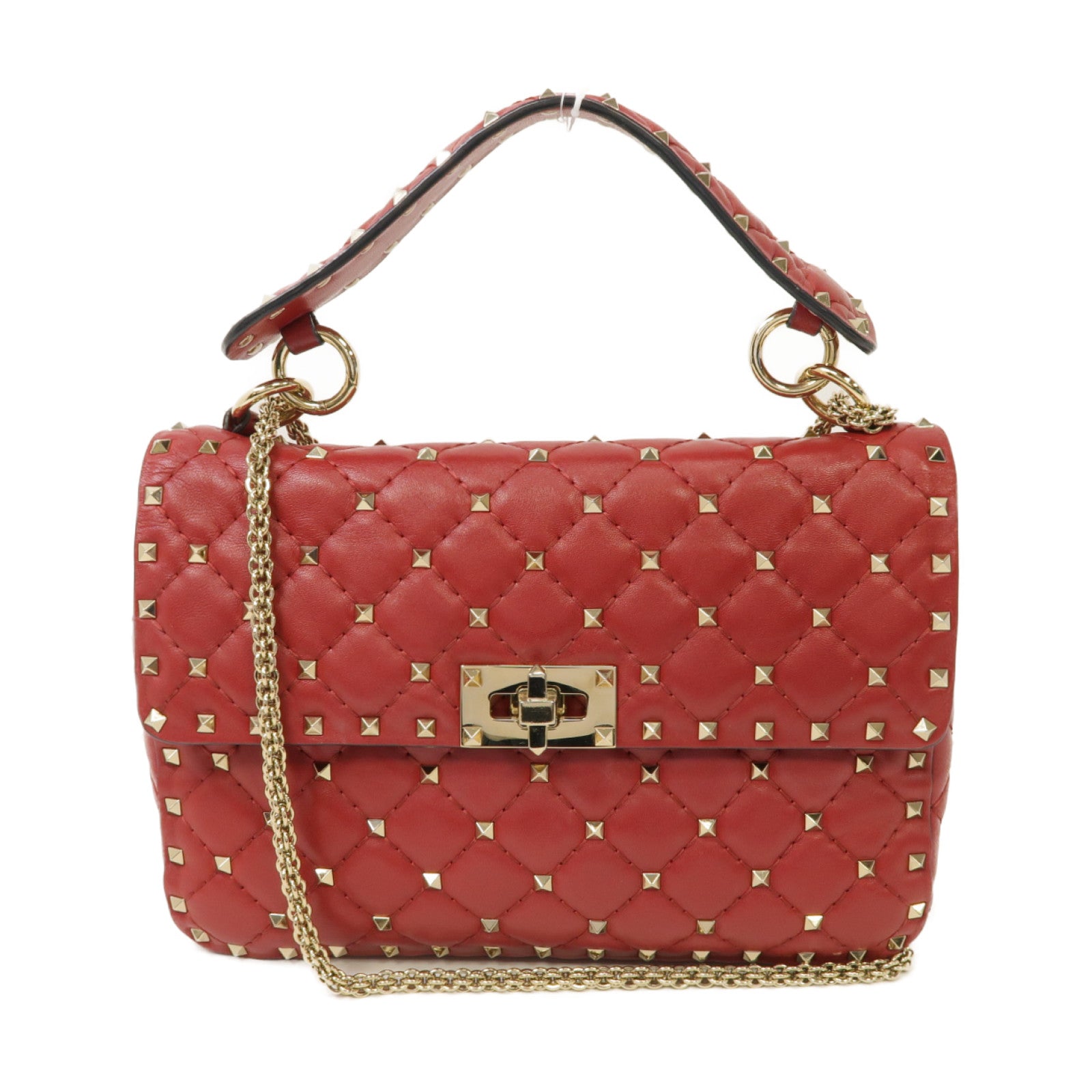 Valentino 菱格羊皮皮革Rockstud Spike 2 Way Chain Shoulder Bag金扣手挽肩背兩用袋紅色