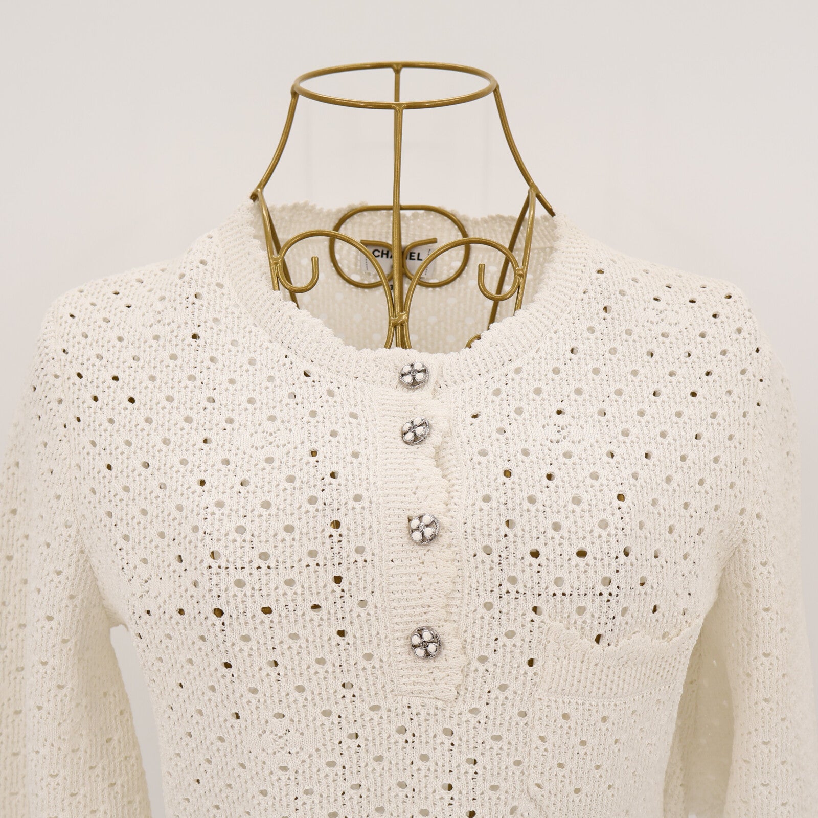 CHANEL Cotton/Polyamide 24P Crochet Cutout Lace Knit Short Sleeve針織