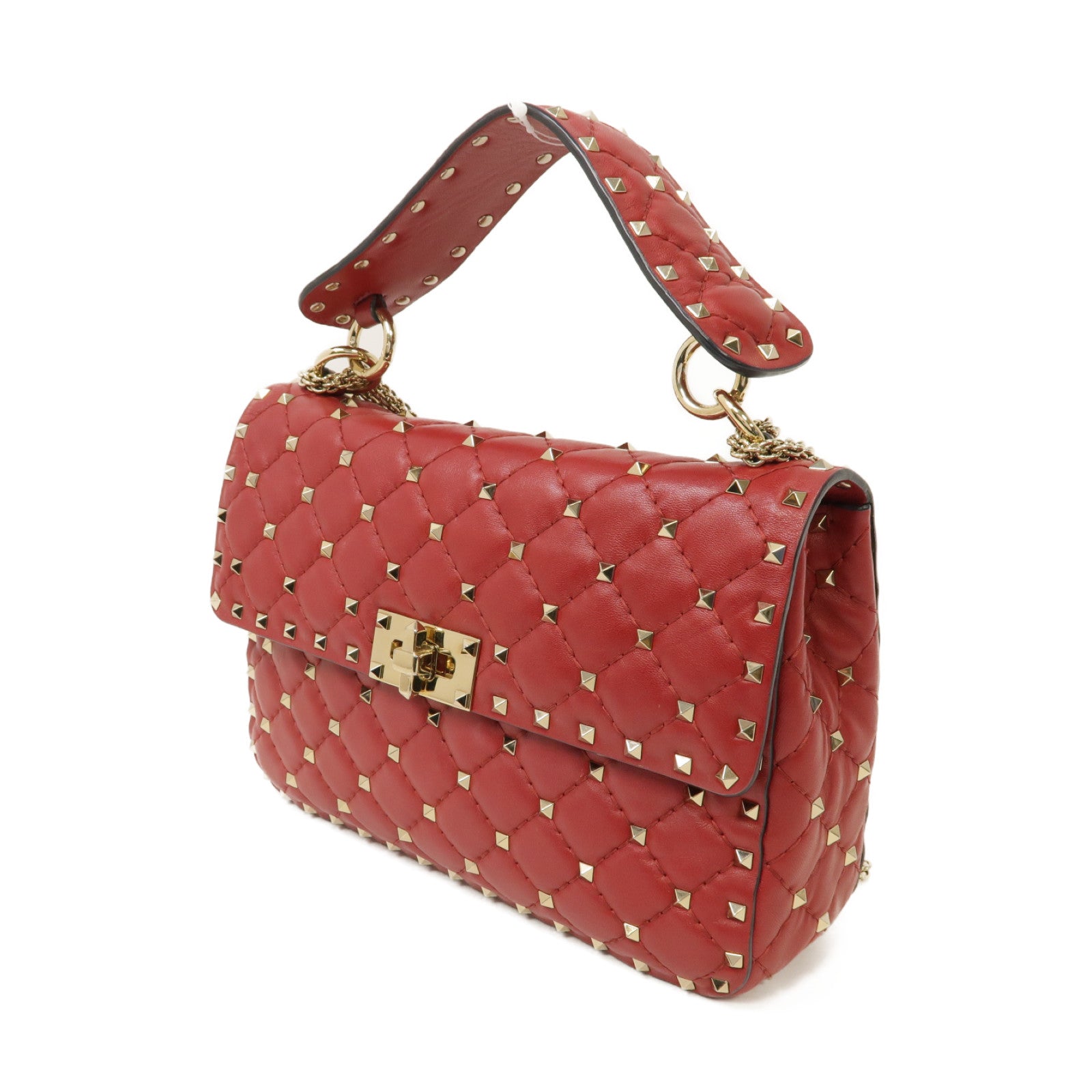 Valentino 菱格羊皮皮革Rockstud Spike 2 Way Chain Shoulder Bag金扣手挽肩背兩用袋紅色
