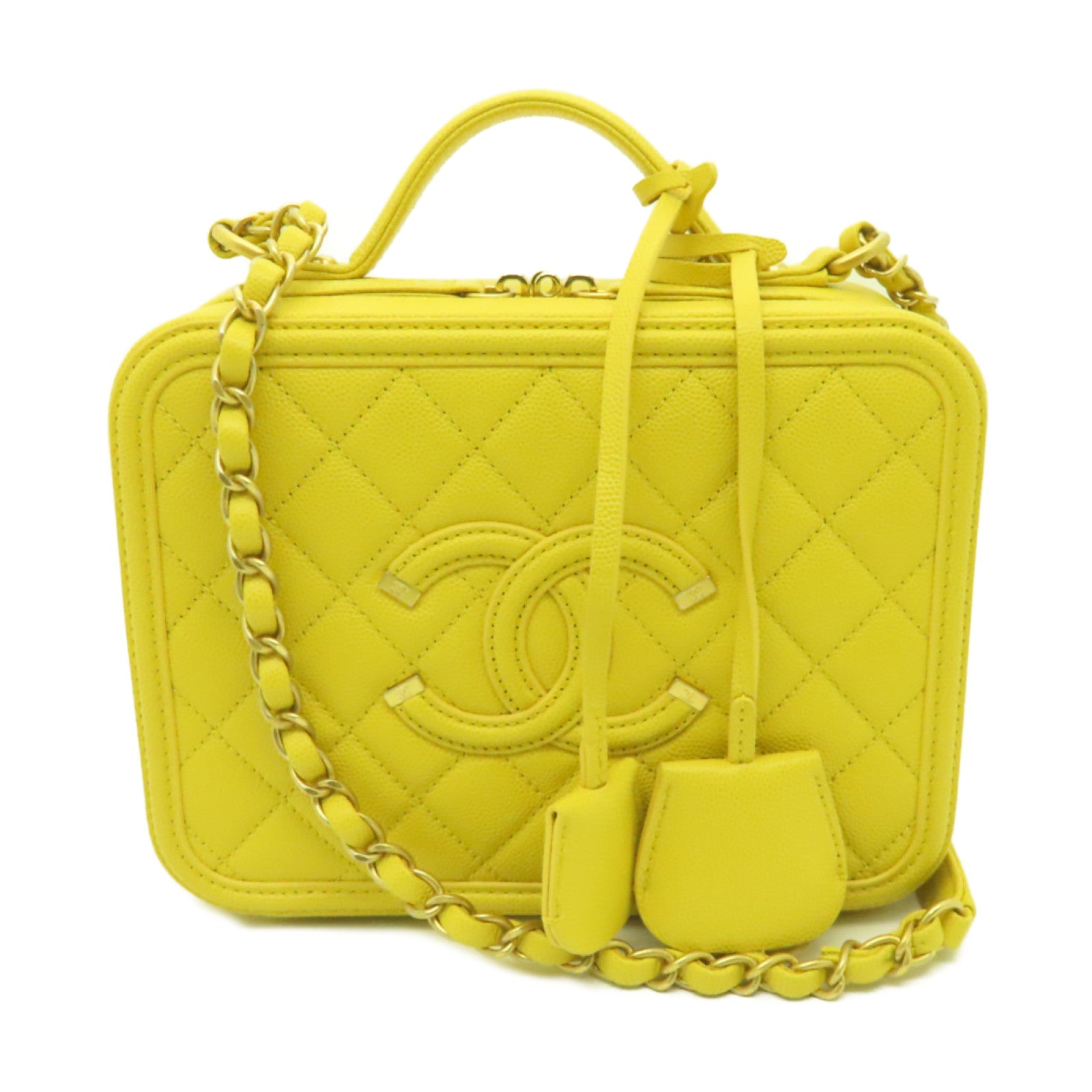 CHANEL 【激減優惠】菱格Caviar皮革Vanity Case金扣手挽肩背兩用袋黃色