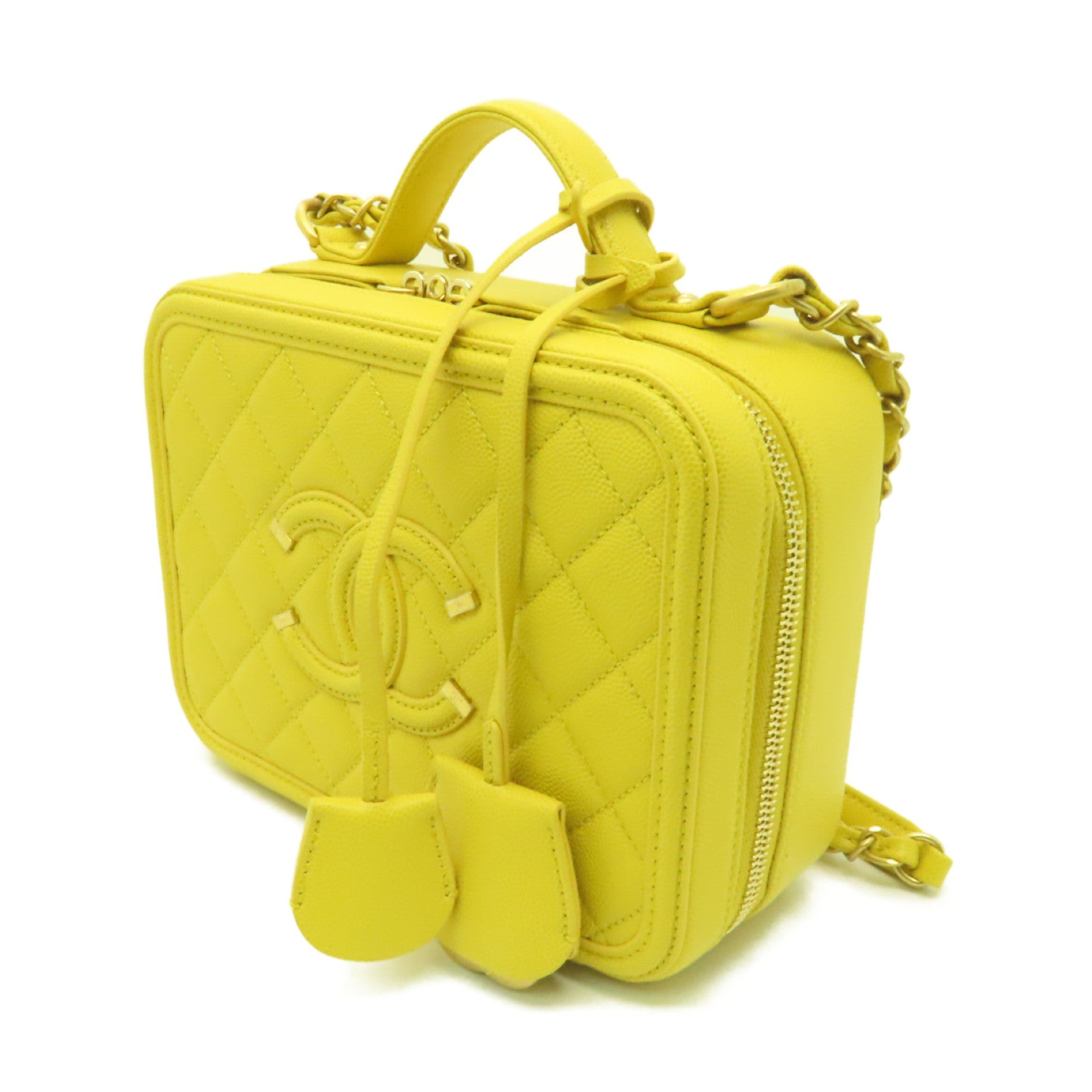 CHANEL 【激減優惠】菱格Caviar皮革Vanity Case金扣手挽肩背兩用袋黃色