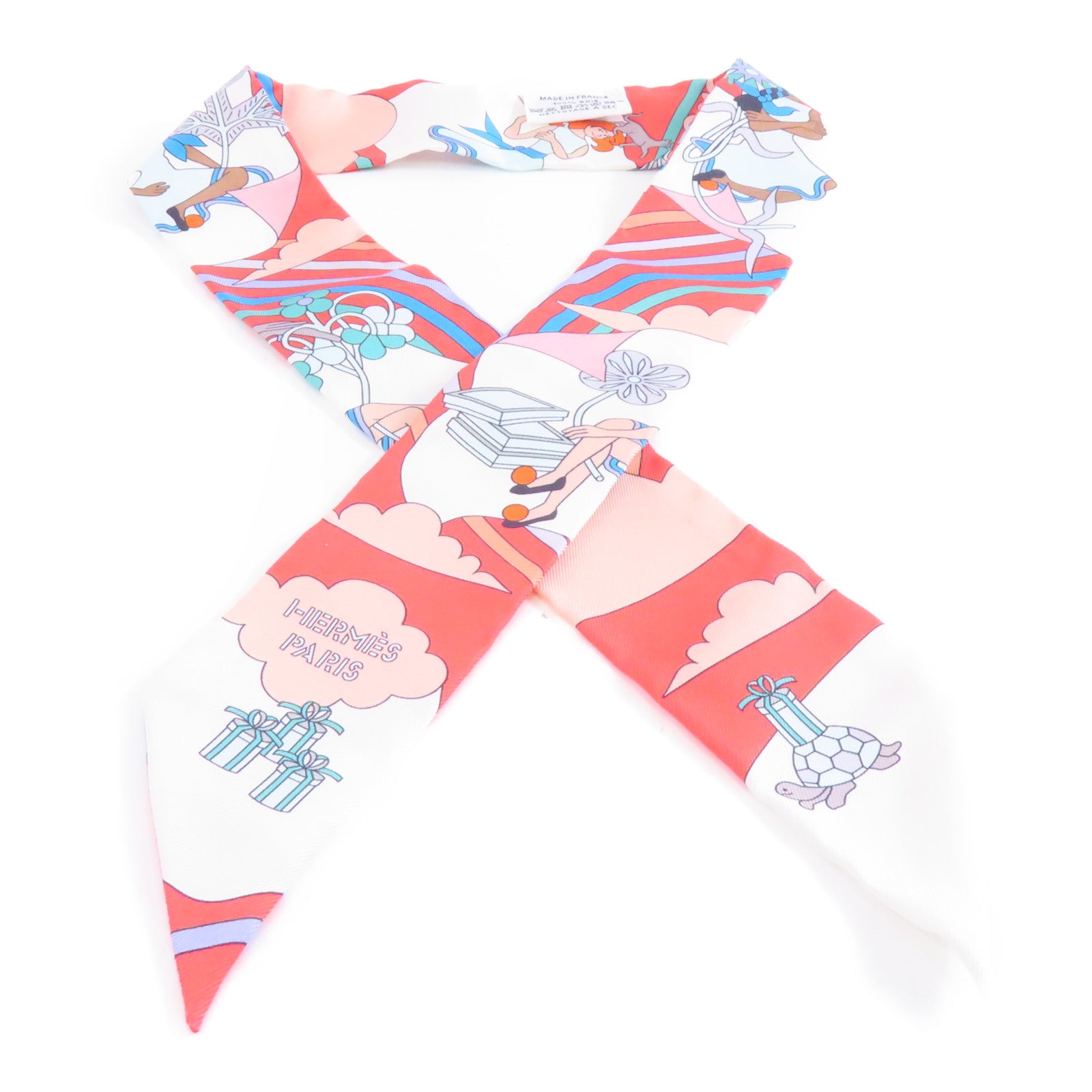HERMES 絲質Twilly絲巾紅色/粉紅色/彩色