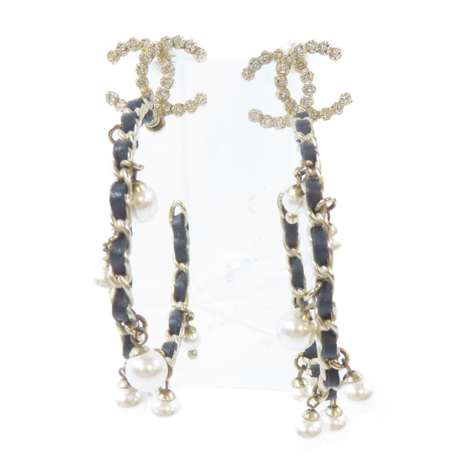 CHANEL 皮革/金屬Pierced Earring耳環黑色/金色