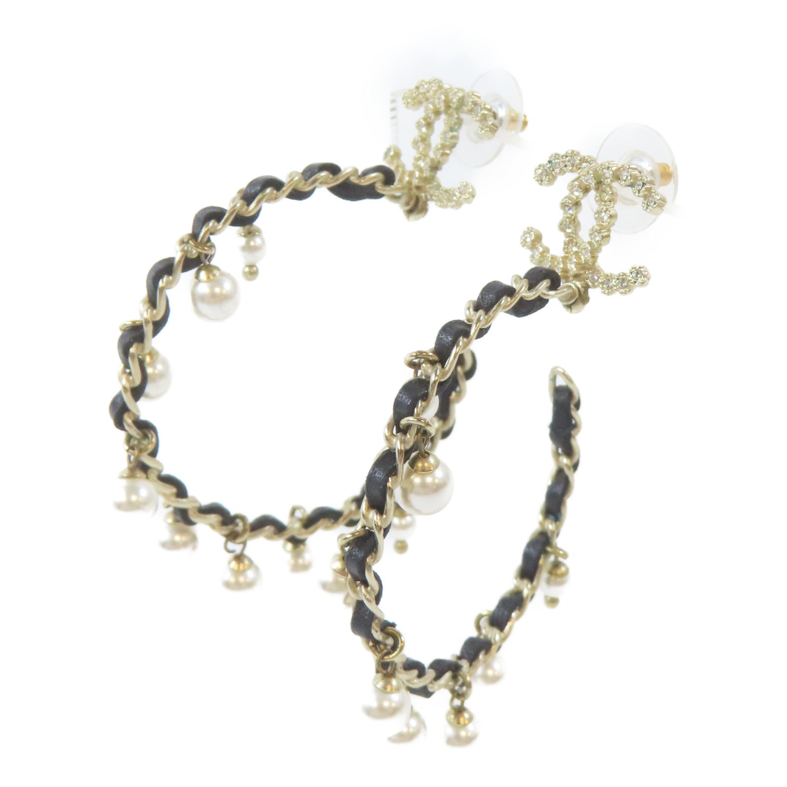 CHANEL 皮革/金屬Pierced Earring耳環黑色/金色