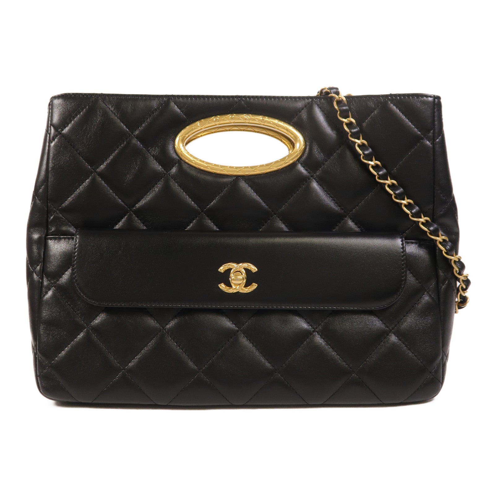 CHANEL 羊皮皮革2 Way Shoulder金扣手挽肩背兩用袋