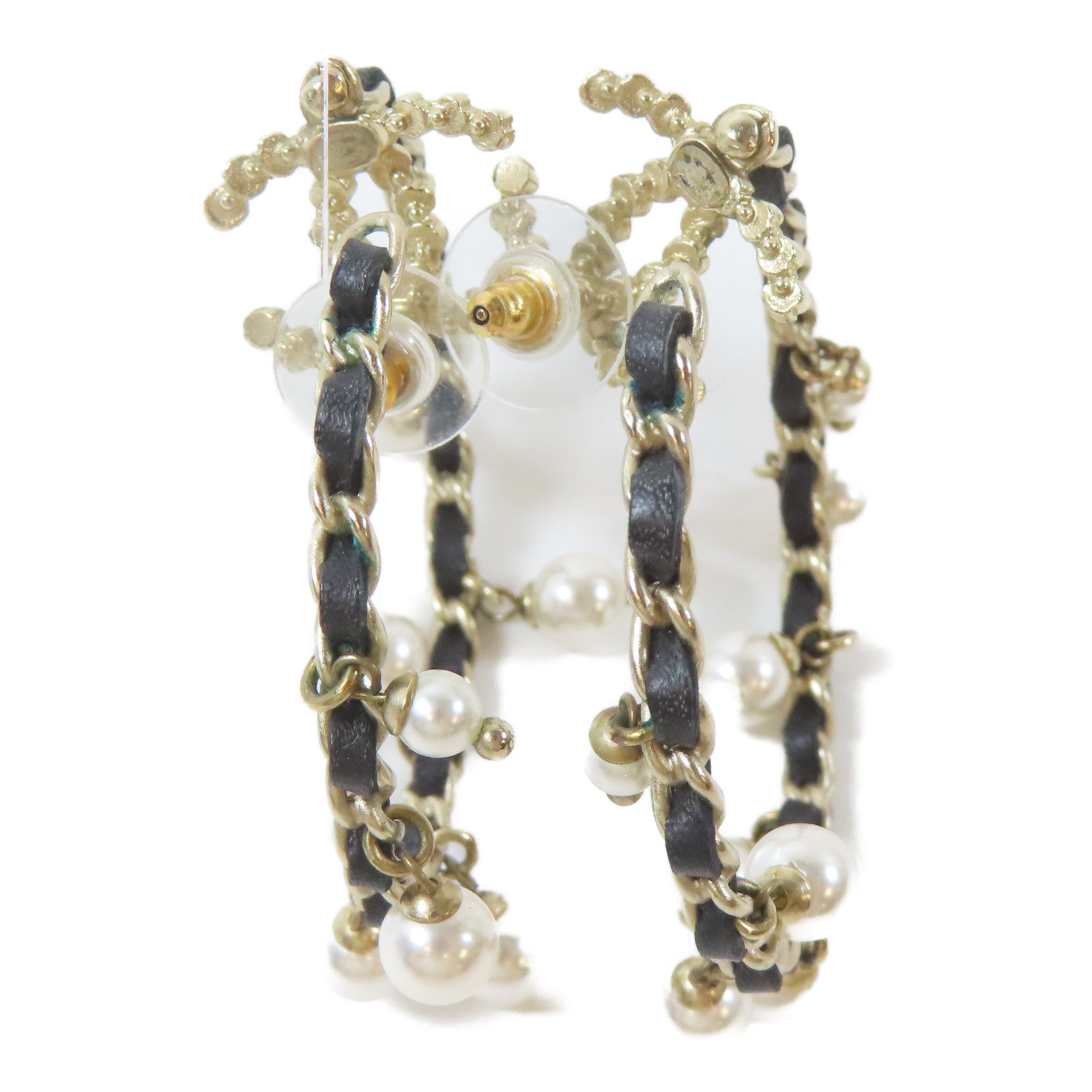 CHANEL 皮革/金屬Pierced Earring耳環黑色/金色