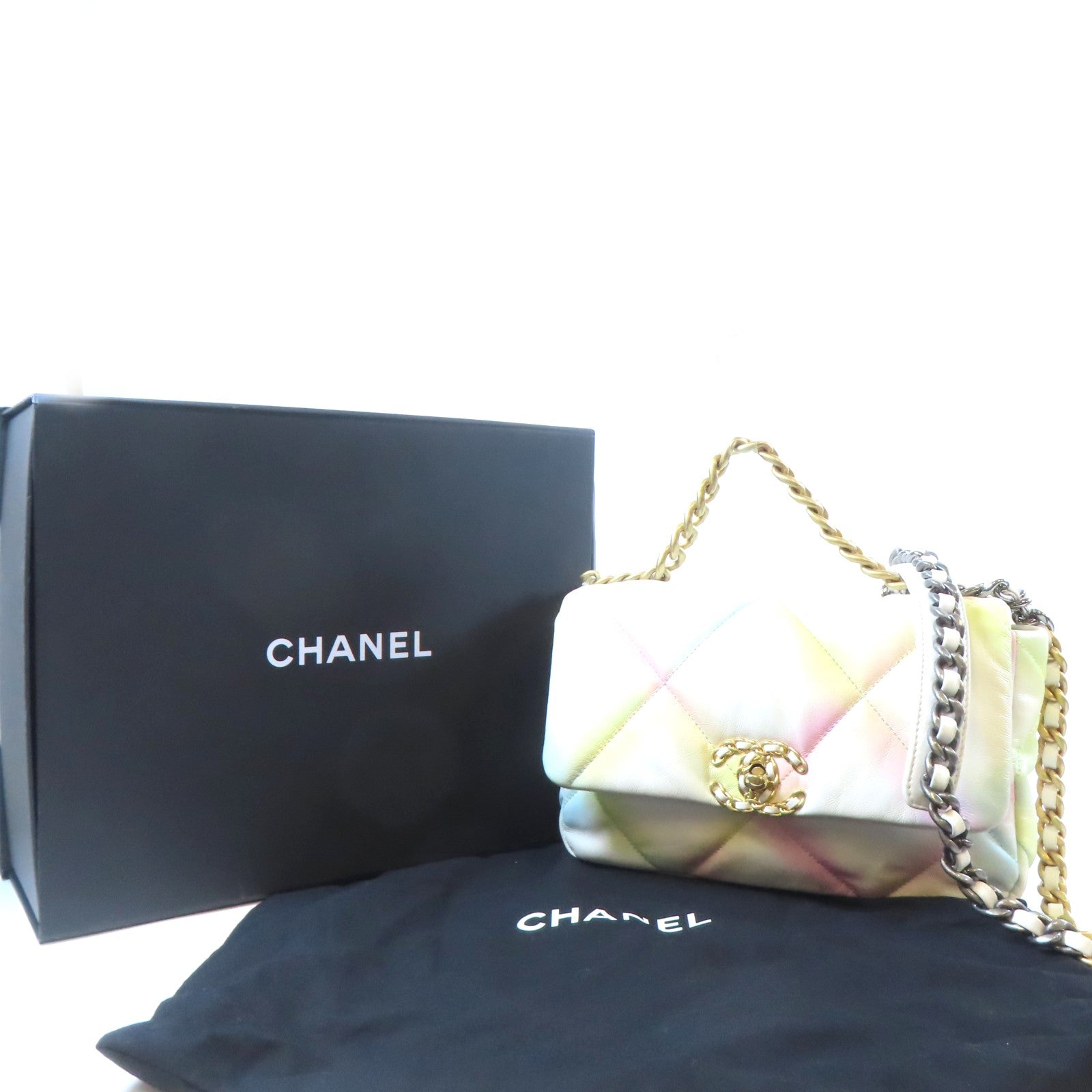CHANEL 【激減優惠】菱格羊皮皮革Chanel 19金扣手挽肩背兩用袋白色/彩色