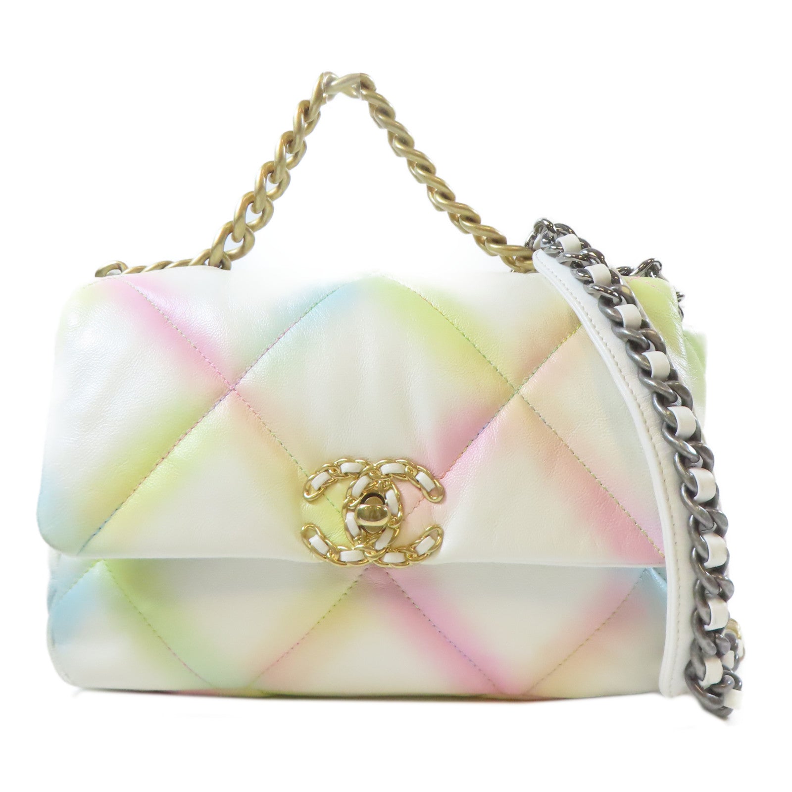 CHANEL 【激減優惠】菱格羊皮皮革Chanel 19金扣手挽肩背兩用袋白色/彩色