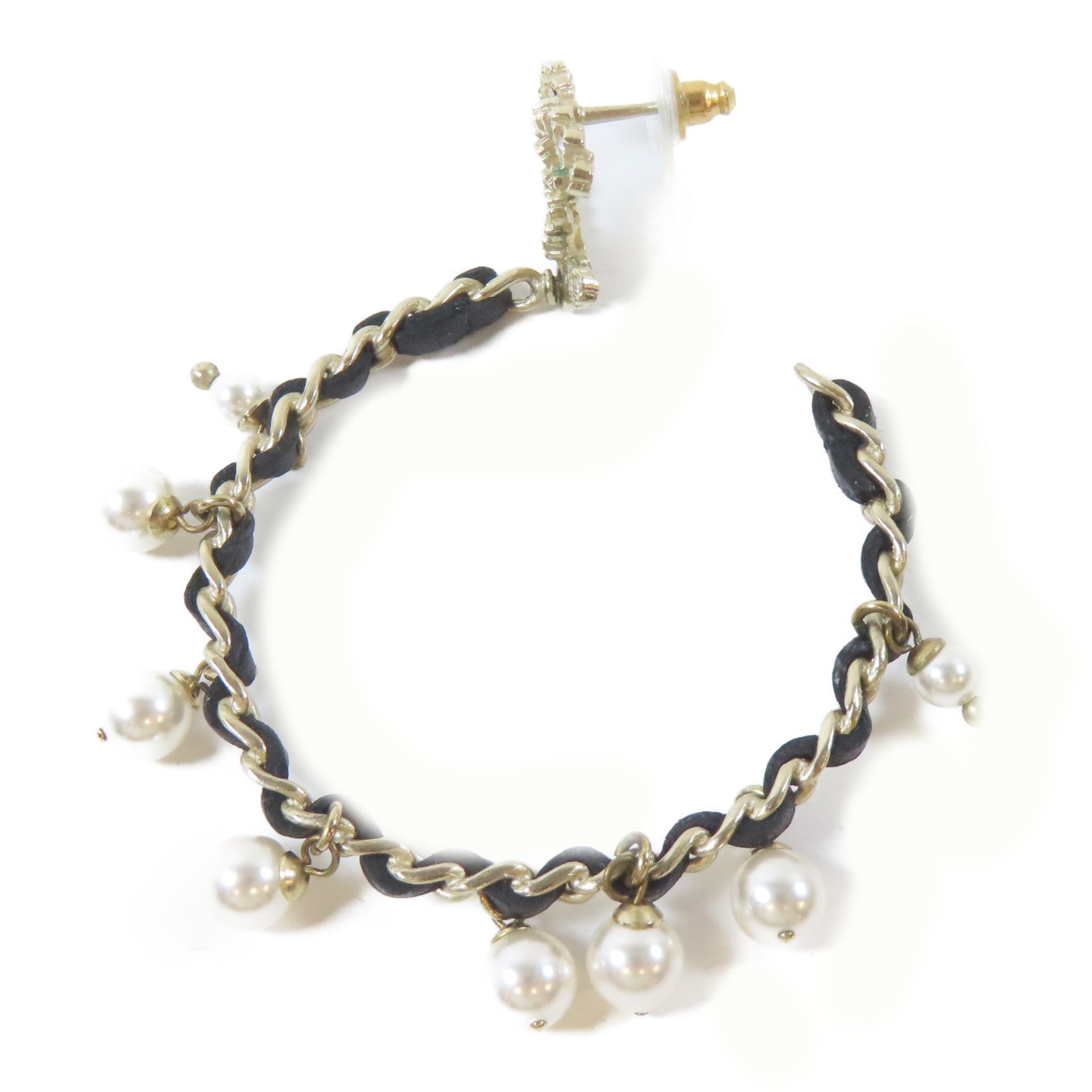 CHANEL 皮革/金屬Pierced Earring耳環黑色/金色