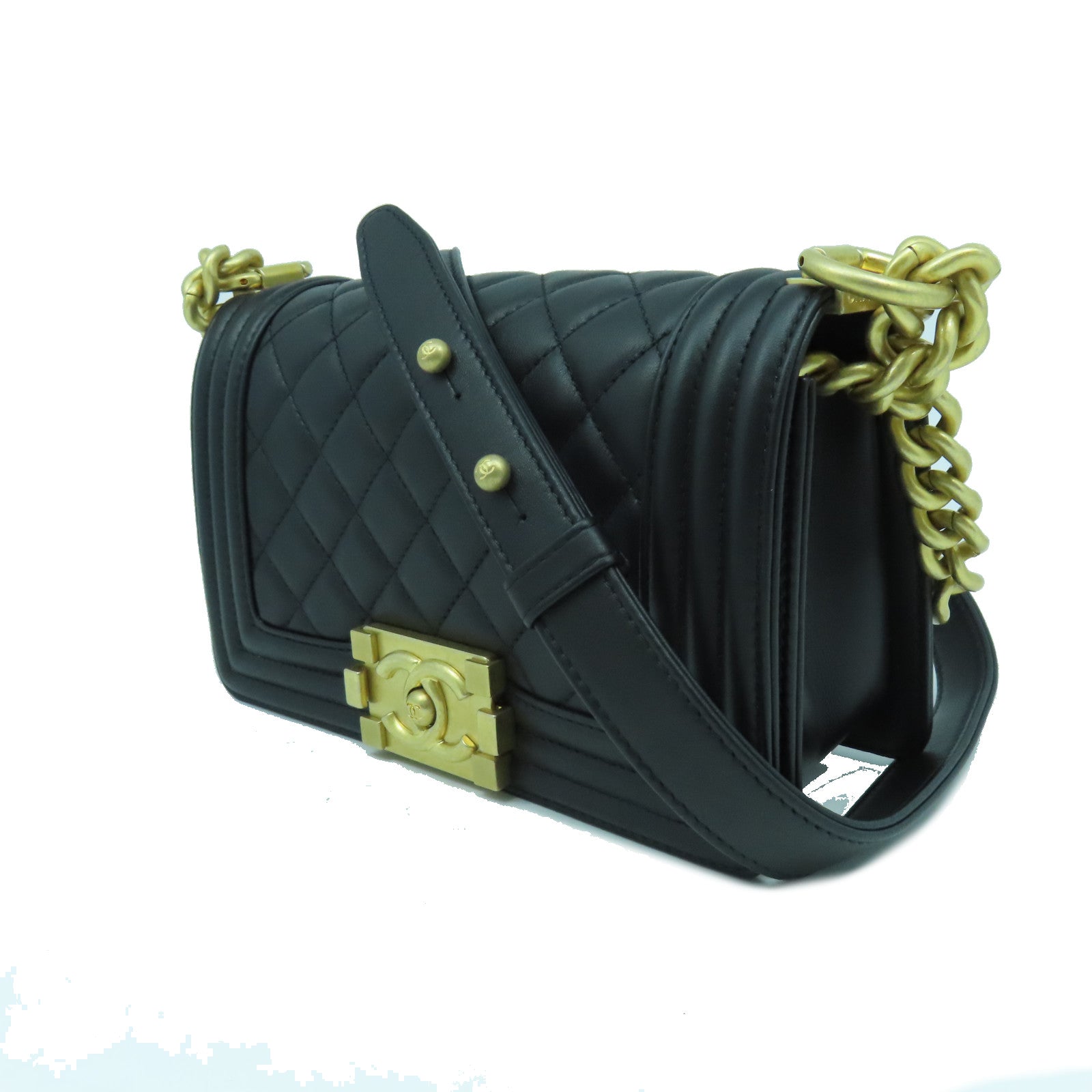 CHANEL 【激減優惠】菱格牛皮皮革Boy 20cm金扣鏈帶肩背袋黑色