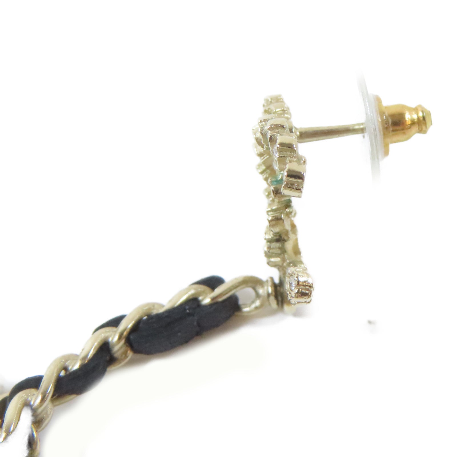 CHANEL 皮革/金屬Pierced Earring耳環黑色/金色