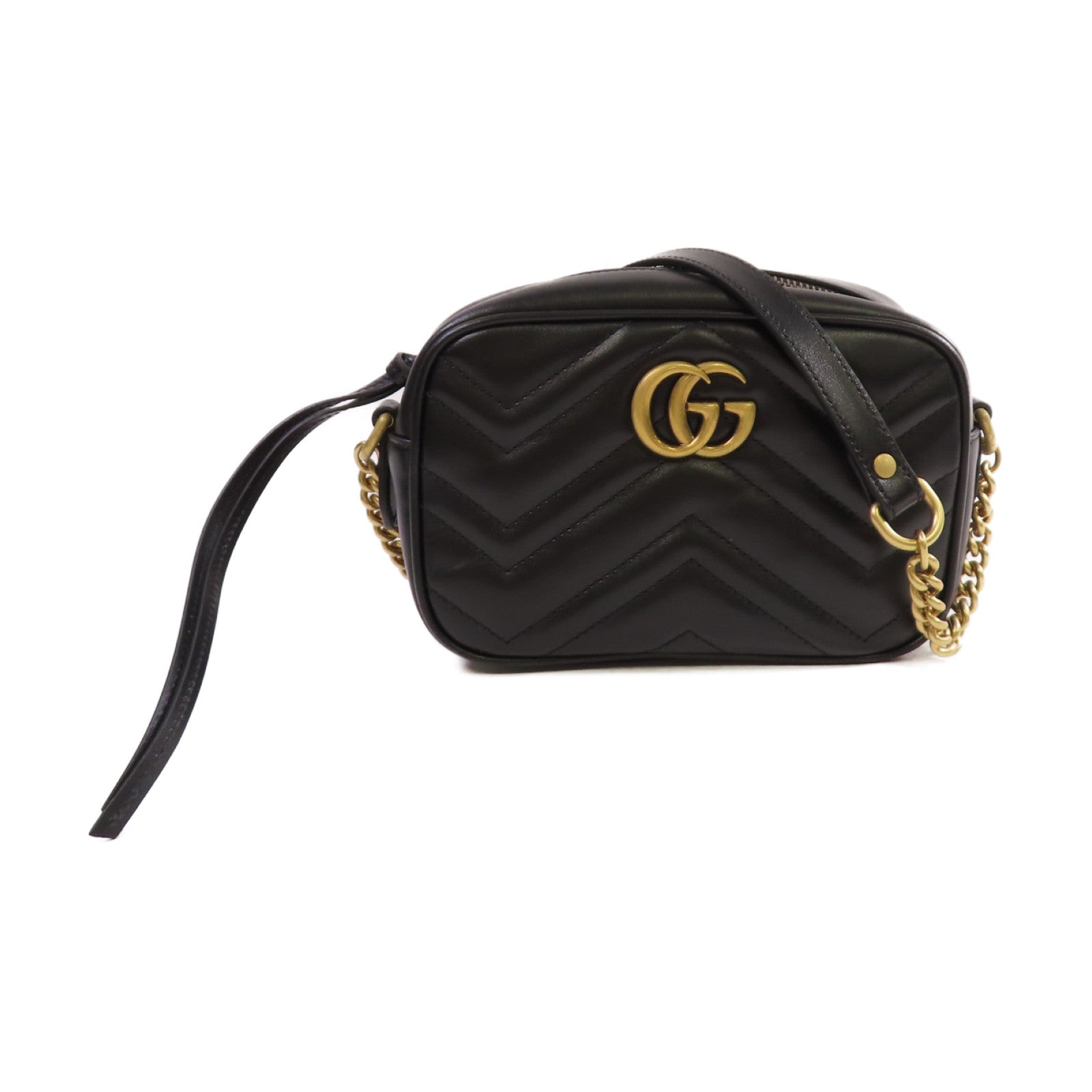 GUCCI Chevron皮革GG Marmont Mini Camera Bag金扣肩背袋黑色