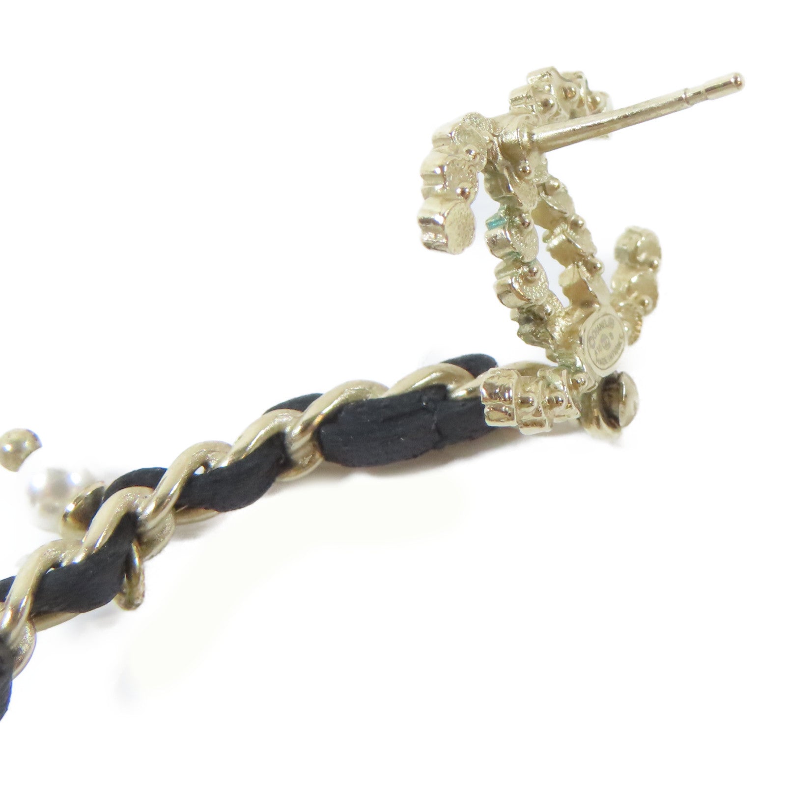 CHANEL 皮革/金屬Pierced Earring耳環黑色/金色