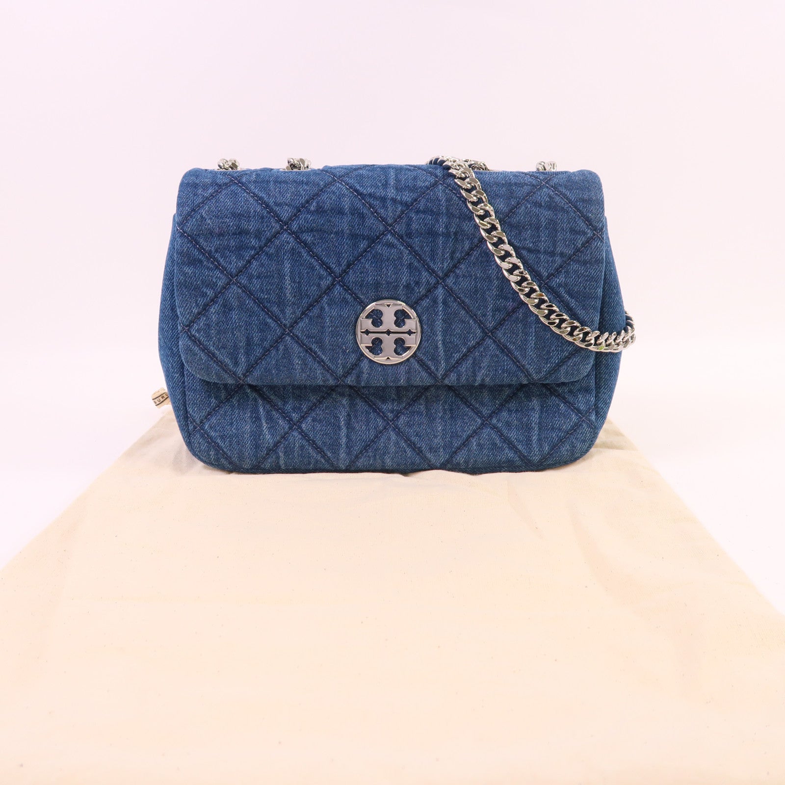 Tory Burch 牛仔布Chain Shoulder銀扣鏈帶肩背袋