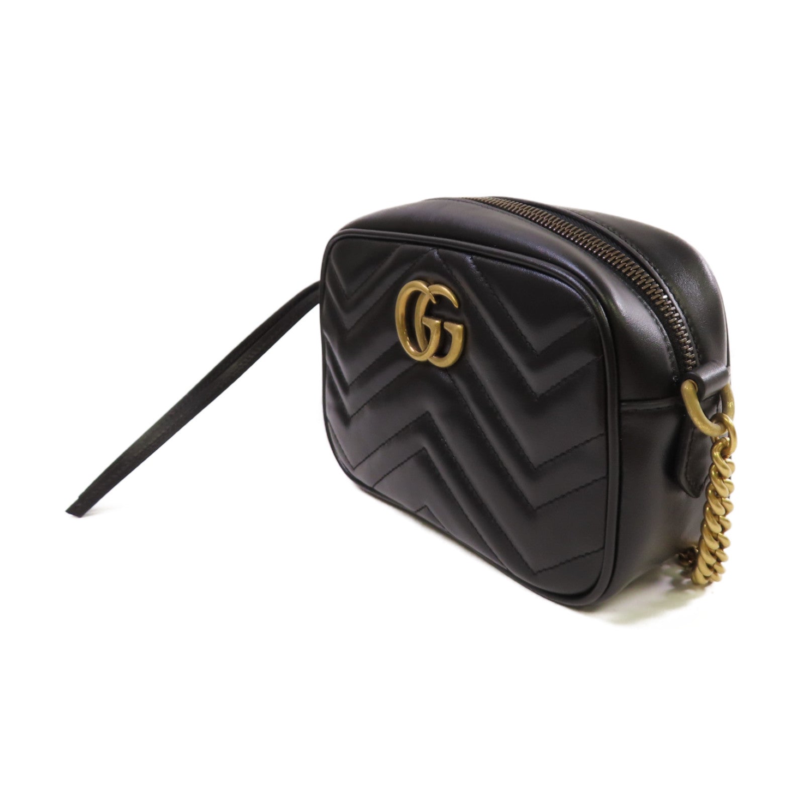 GUCCI Chevron皮革GG Marmont Mini Camera Bag金扣肩背袋黑色