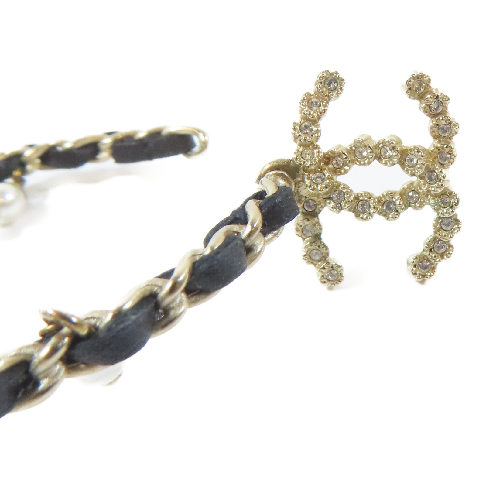 CHANEL 皮革/金屬Pierced Earring耳環黑色/金色