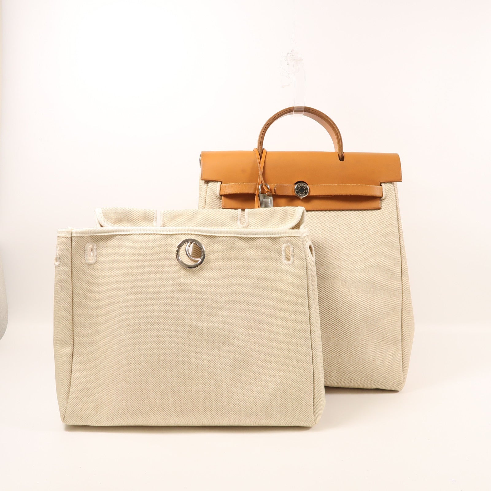 HERMES 皮革/帆布Herbag 2 In 1銀扣背包