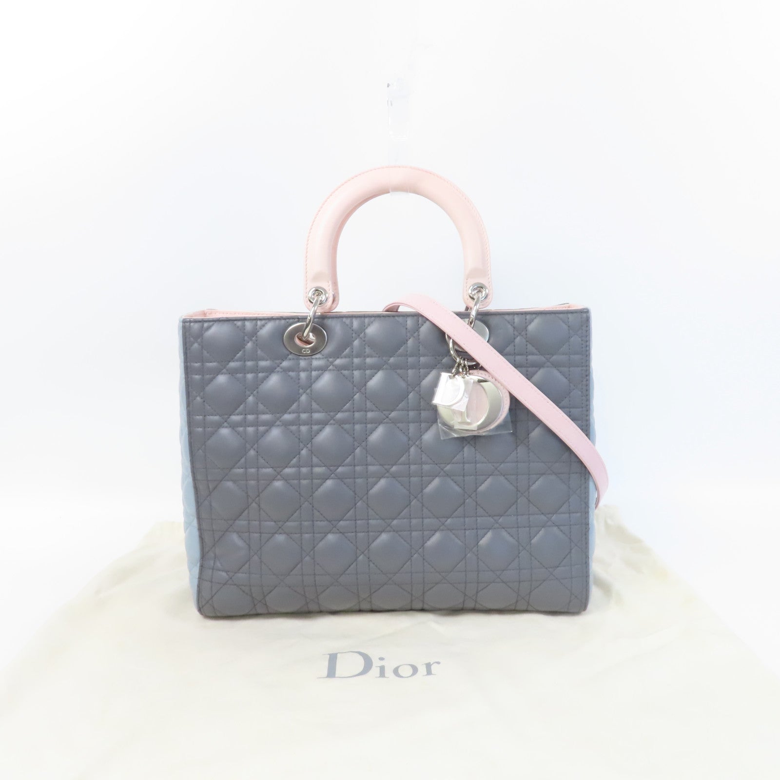 Dior 【激減優惠】羊皮皮革Lady Dior銀扣手挽肩背兩用袋粉紅色/灰色/藍色