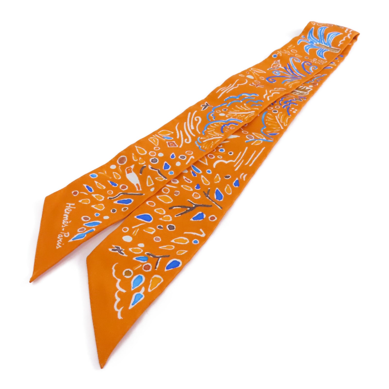 HERMES 絲質Twilly絲巾橙色/藍色/白色/啡色
