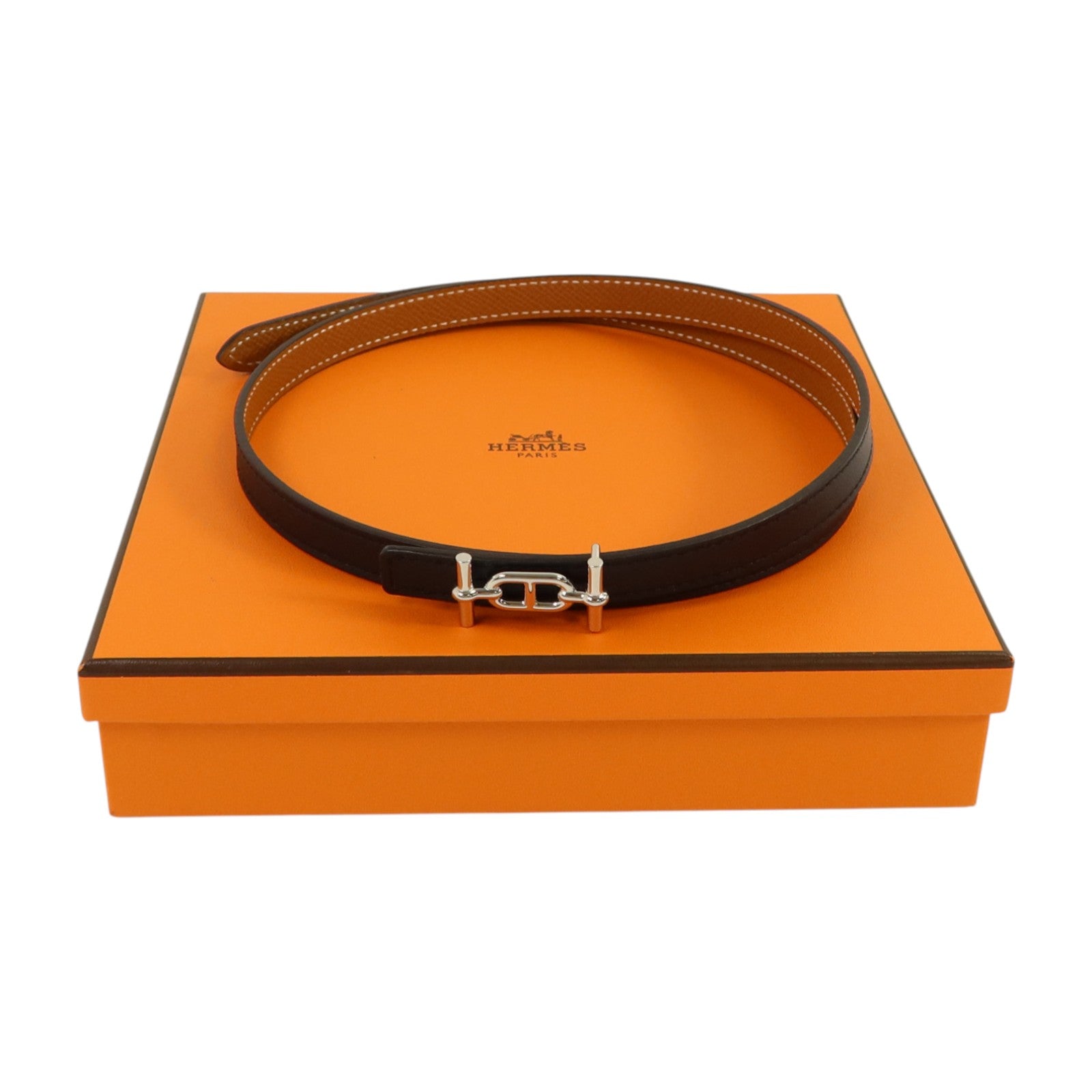 HERMES Epsom皮革/Swift皮革Ancre Belt 75cm銀扣皮帶Noir