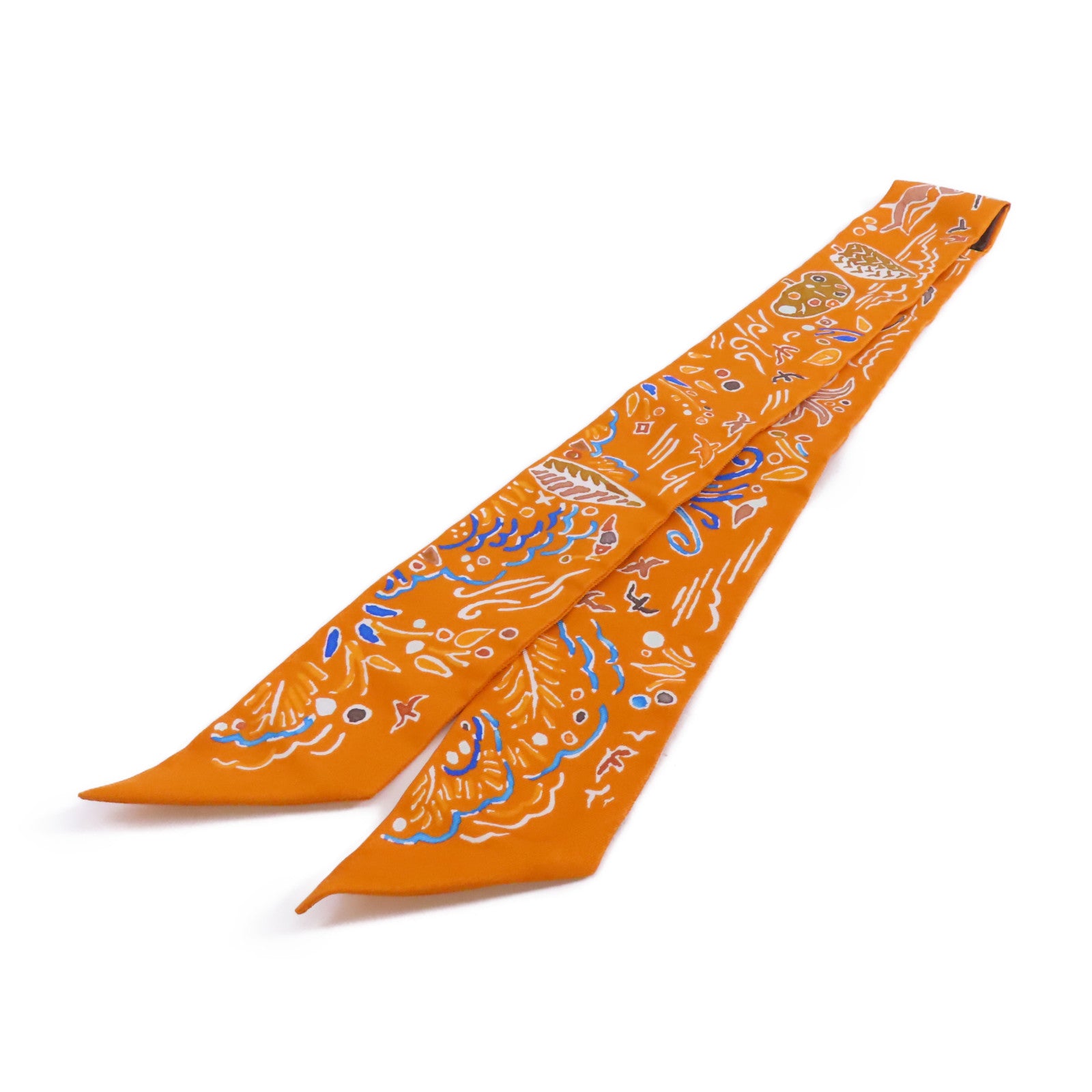 HERMES 絲質Twilly絲巾橙色/藍色/白色/啡色