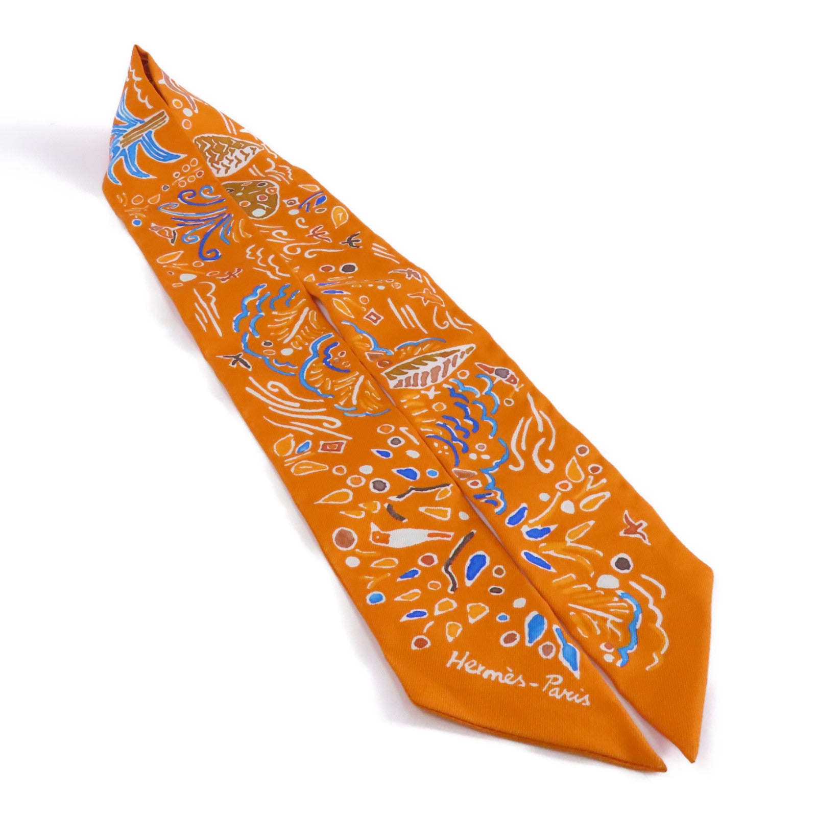 HERMES 絲質Twilly絲巾橙色/藍色/白色/啡色