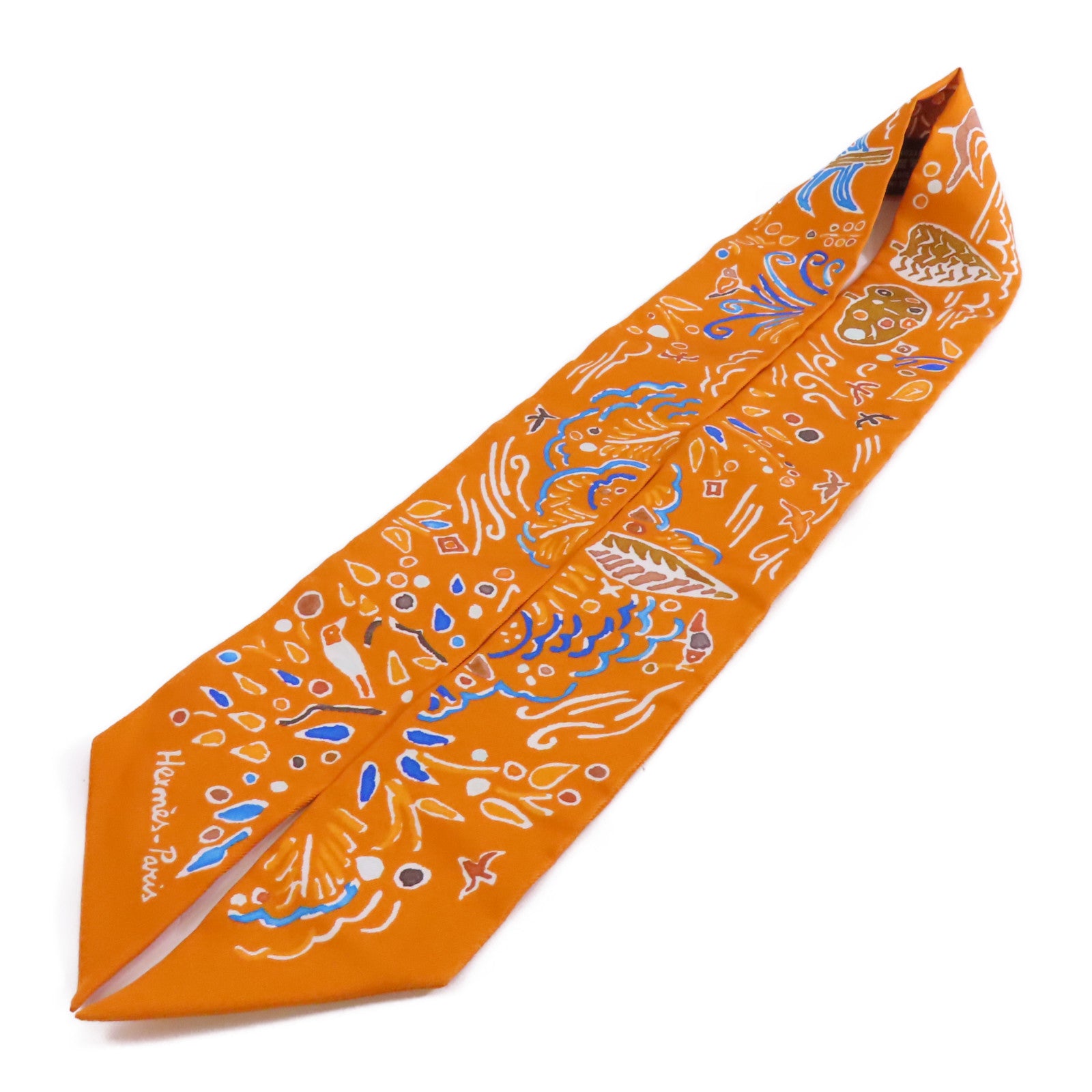 HERMES 絲質Twilly絲巾橙色/藍色/白色/啡色