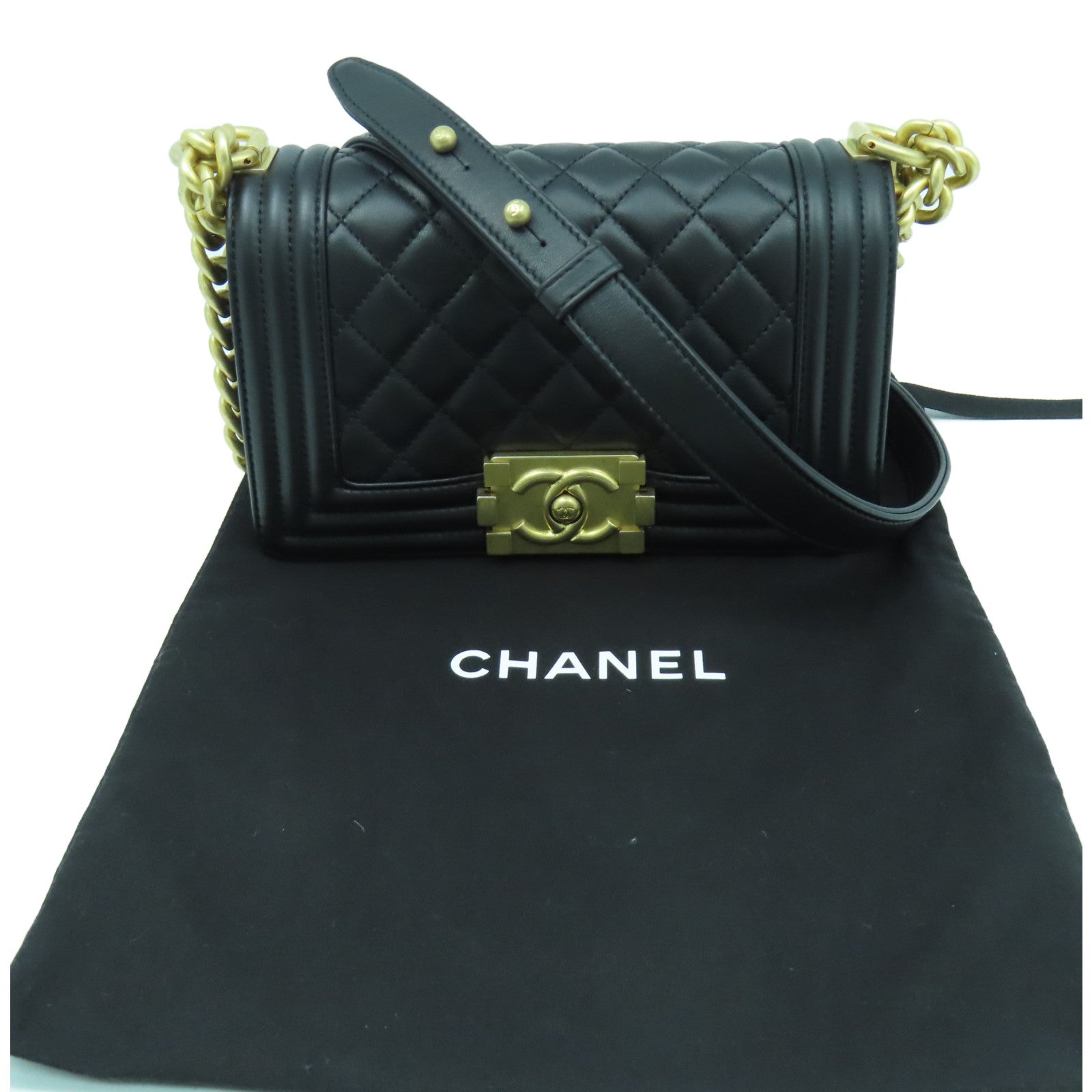 CHANEL 【激減優惠】菱格牛皮皮革Boy 20cm金扣鏈帶肩背袋黑色