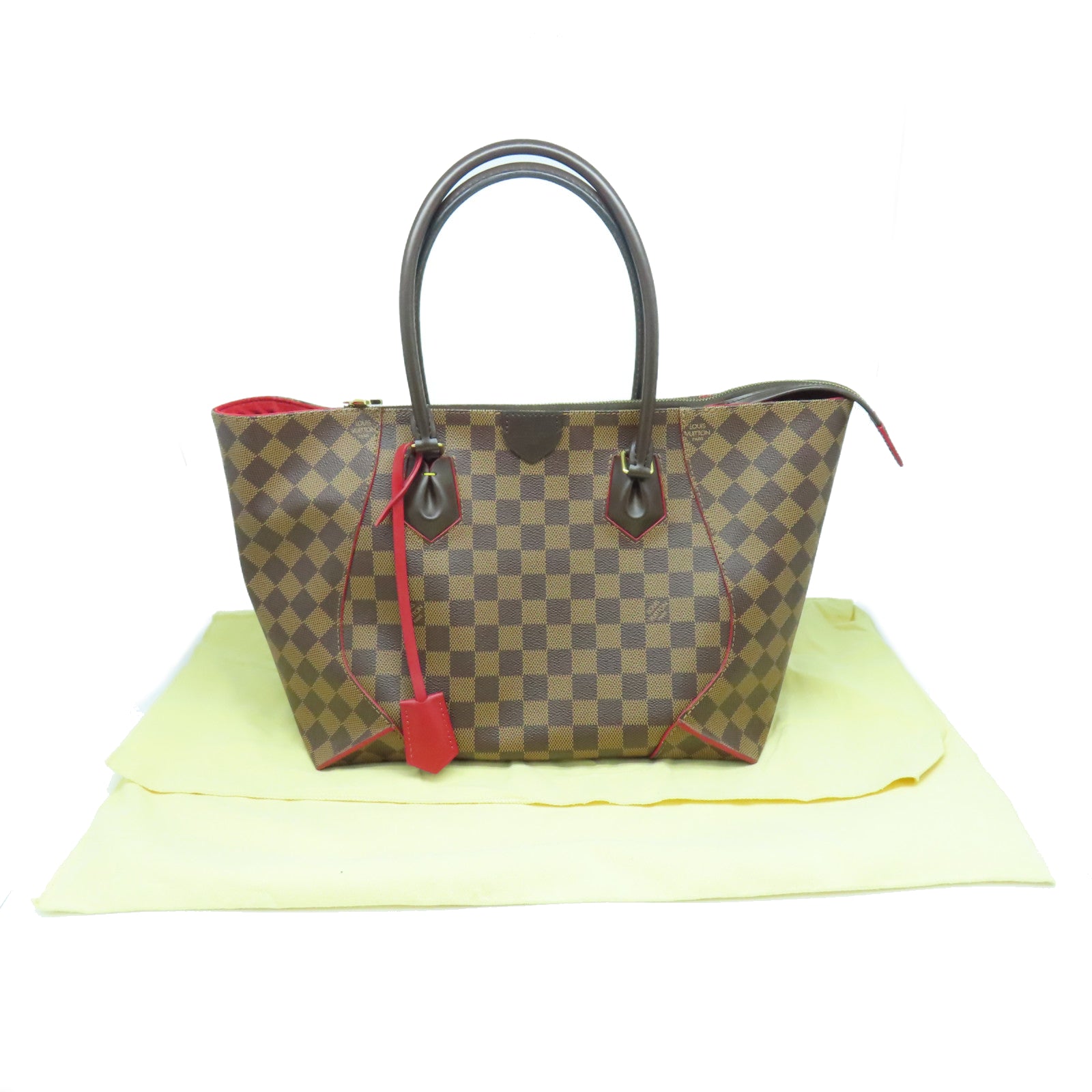 LOUIS VUITTON Damier Caissa MM gold buckle handle bag brown/red