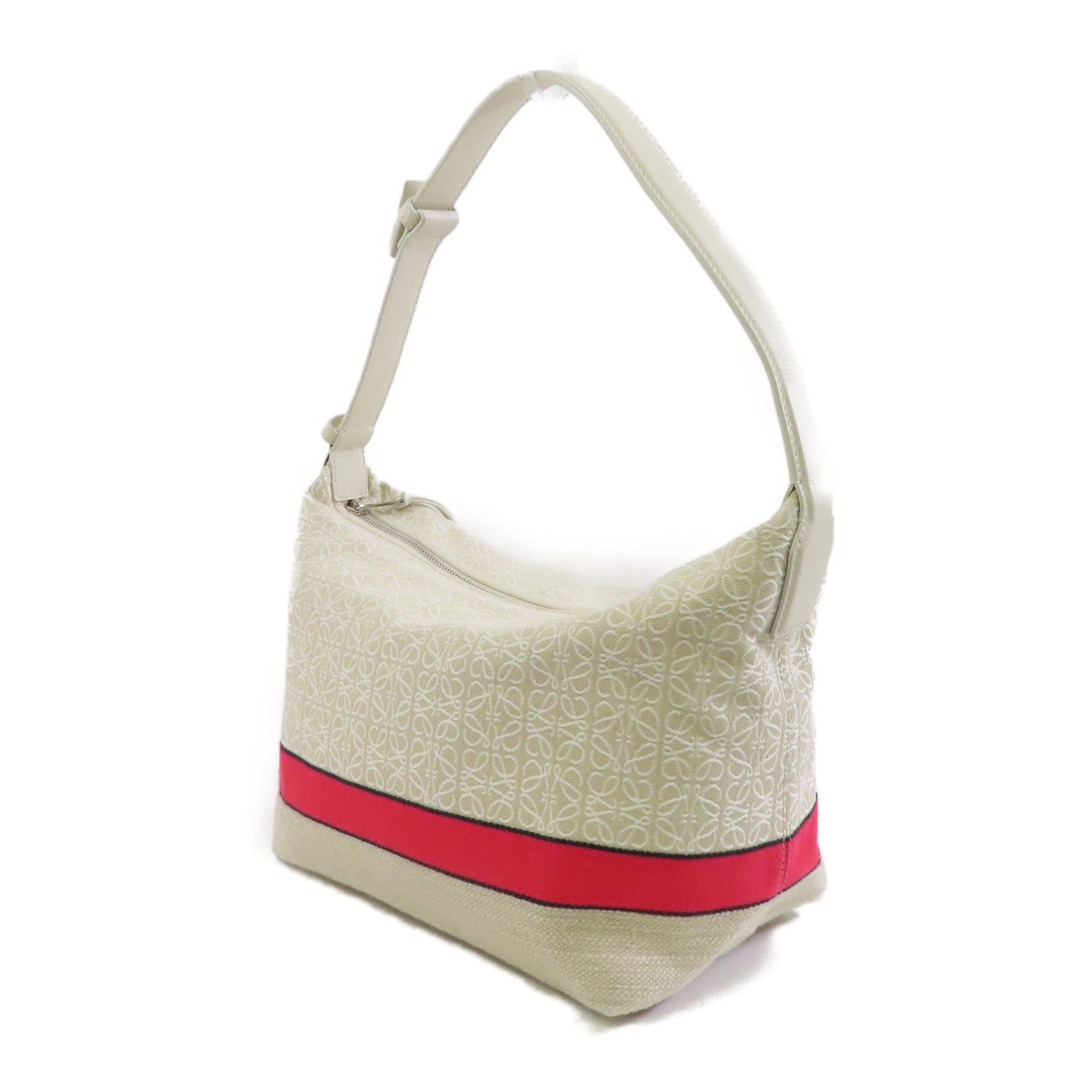 LOEWE 帆布Cubi Bag銀扣肩背袋米色