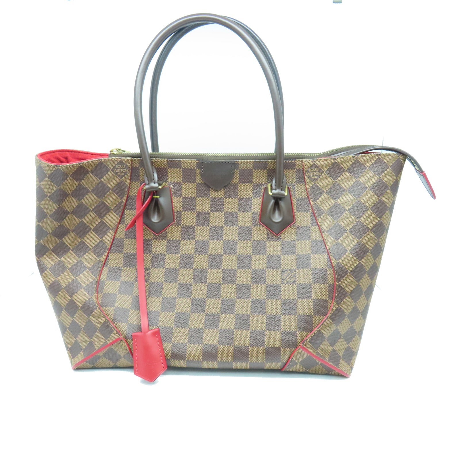 LOUIS VUITTON Damier Caissa MM gold buckle handle bag brown/red