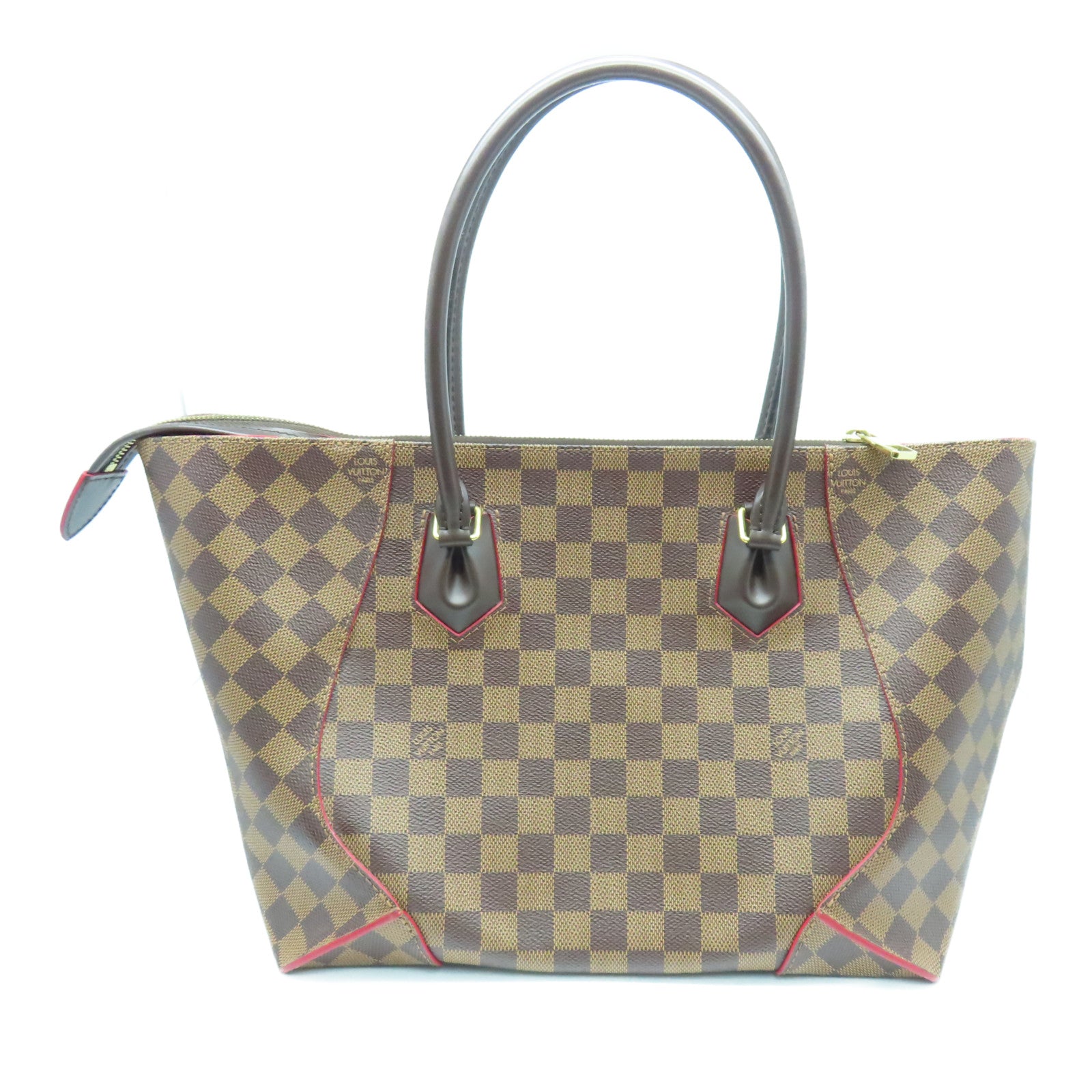 LOUIS VUITTON Damier Caissa MM gold buckle handle bag brown/red
