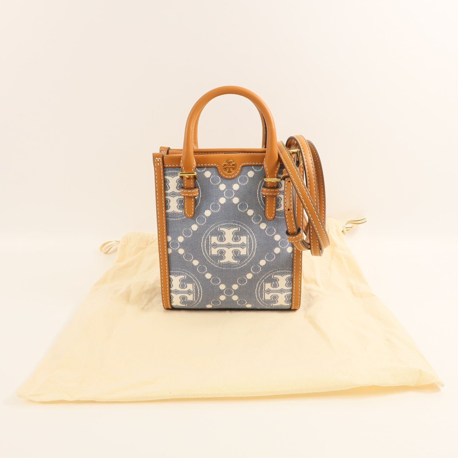 Tory Burch 帆布Mini T Monogram金扣手挽肩背兩用袋