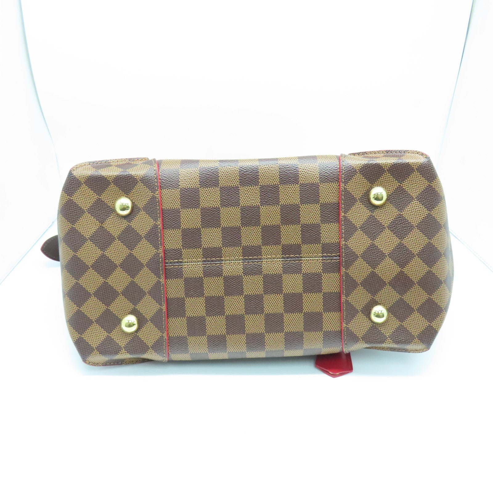 LOUIS VUITTON Damier Caissa MM gold buckle handle bag brown/red